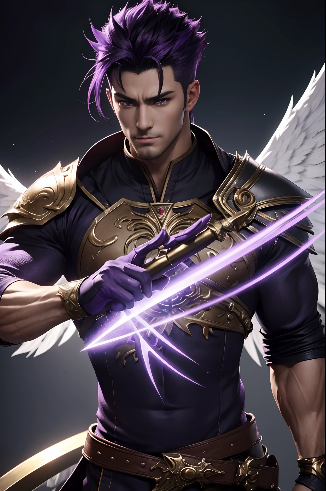 8K、Alafed Men、White and purple exterior,Golden decoration、Big sword armament、Super handsome、Purple and white mohawk cutting、Eyes glowing purple、The area around the eyes is painted bright red,Realistic one-winged wings(Only the tips of the hair are black)unrealengine、Joseph Joestar、trending on artstationh、Diobrand、highly detailed exquisite fanart、3 d render character art 8 k、Highly detailed artgerm、Muscular male hero with a slender body、handsome guy in demon slayer art、Range Murata and Artgerm