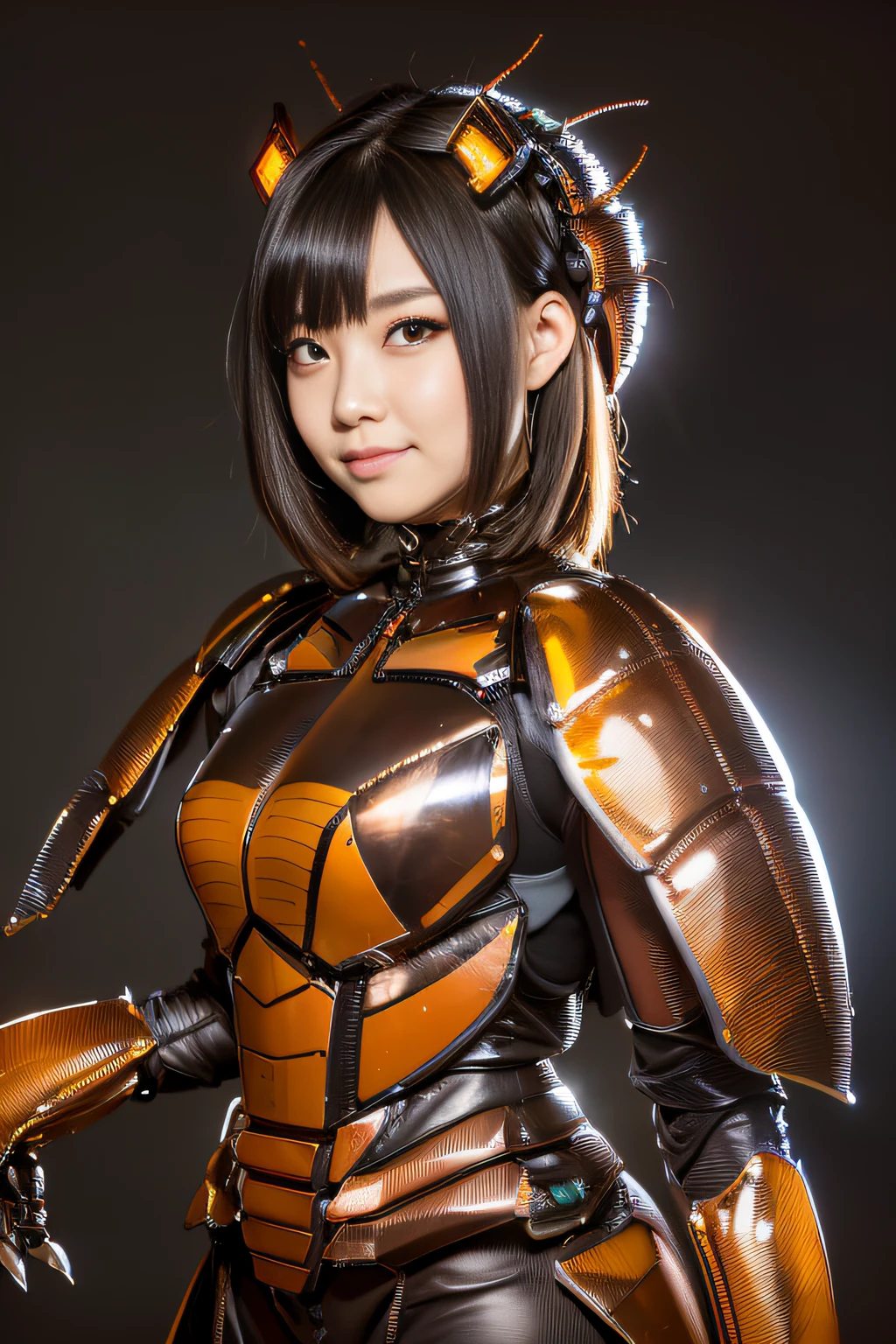 there is a woman in a costume that is posing for a picture, biomechanical oppai, japanese cyborg, Girl in Mecha Cyber Armor, Perfect Anime Cyborg Woman, cyber japan armor, gynoid cyborg body, cosplayer dressed like a crab, cyber japan style armor, shiny plastic armor, android heroine, Cute cyborg girl, Beautiful girl cyborg