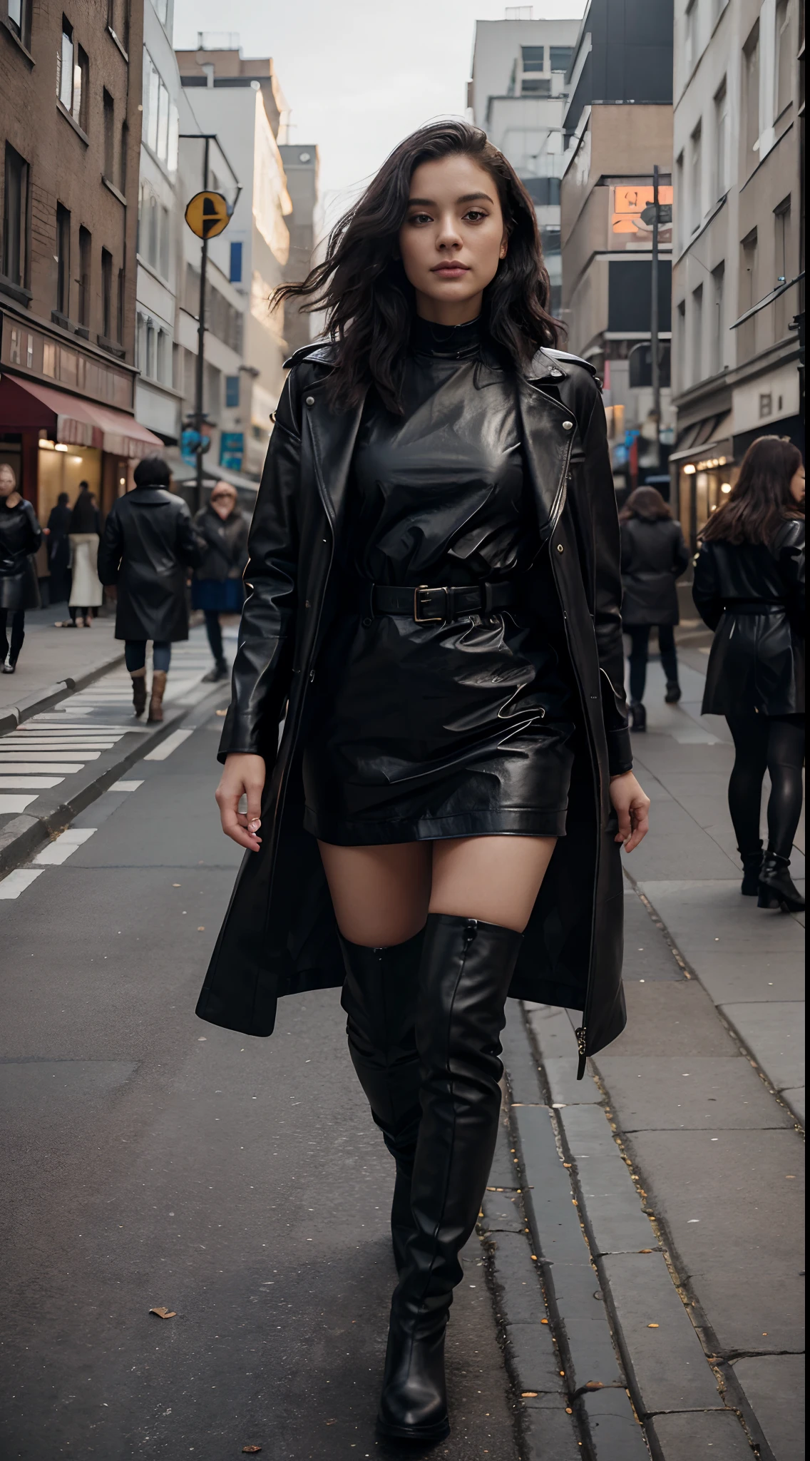 woman,65years old, plus size curvy, black hair bob haircut bangs, black long closed leather coat, leather boots, serious facial expression,photorealistic, raw photo