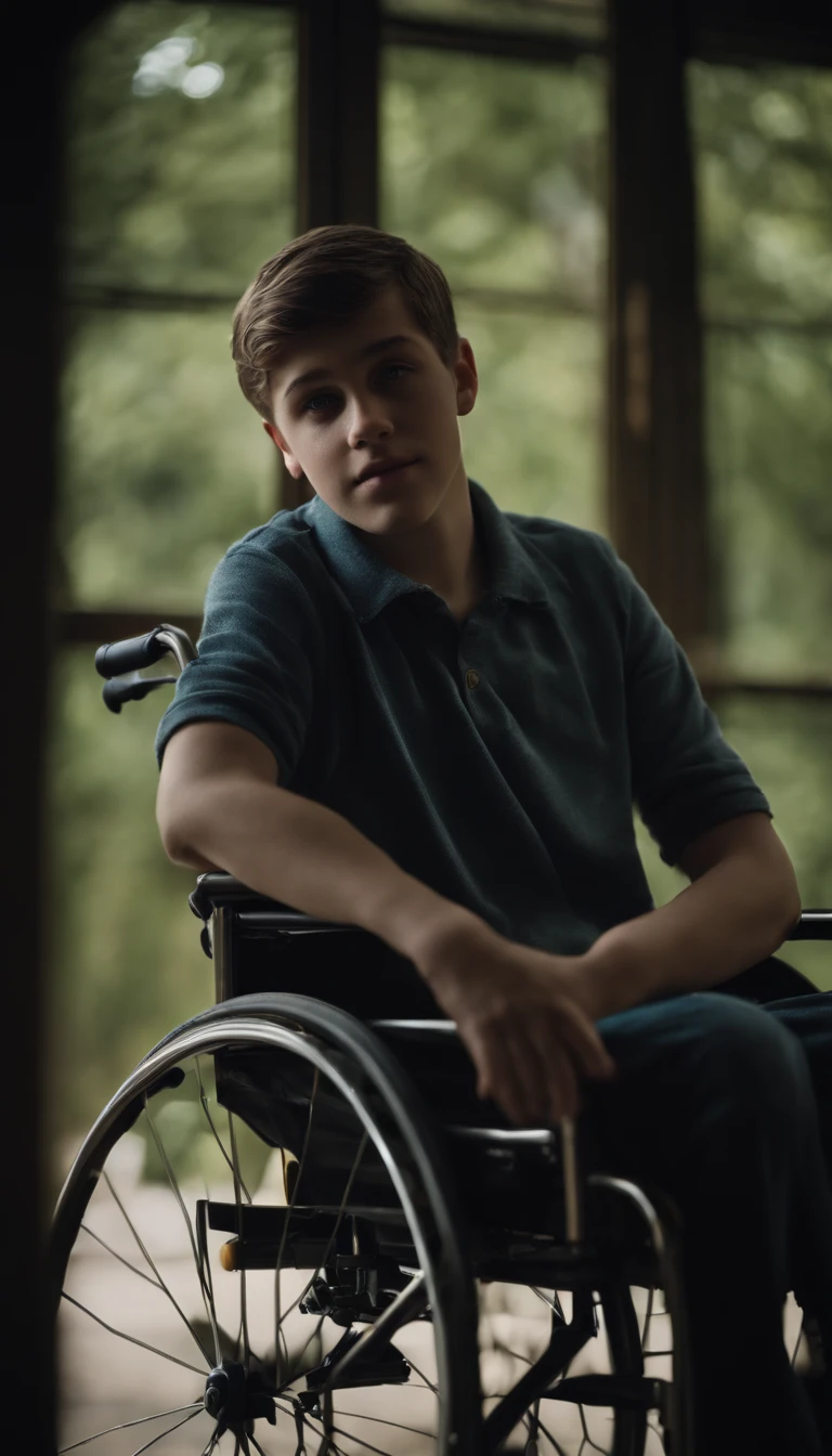 20-year-old boy has never used a wheelchair, his face is disabled, invalid, his wheelchair is close to a window, ultra-detailed image
