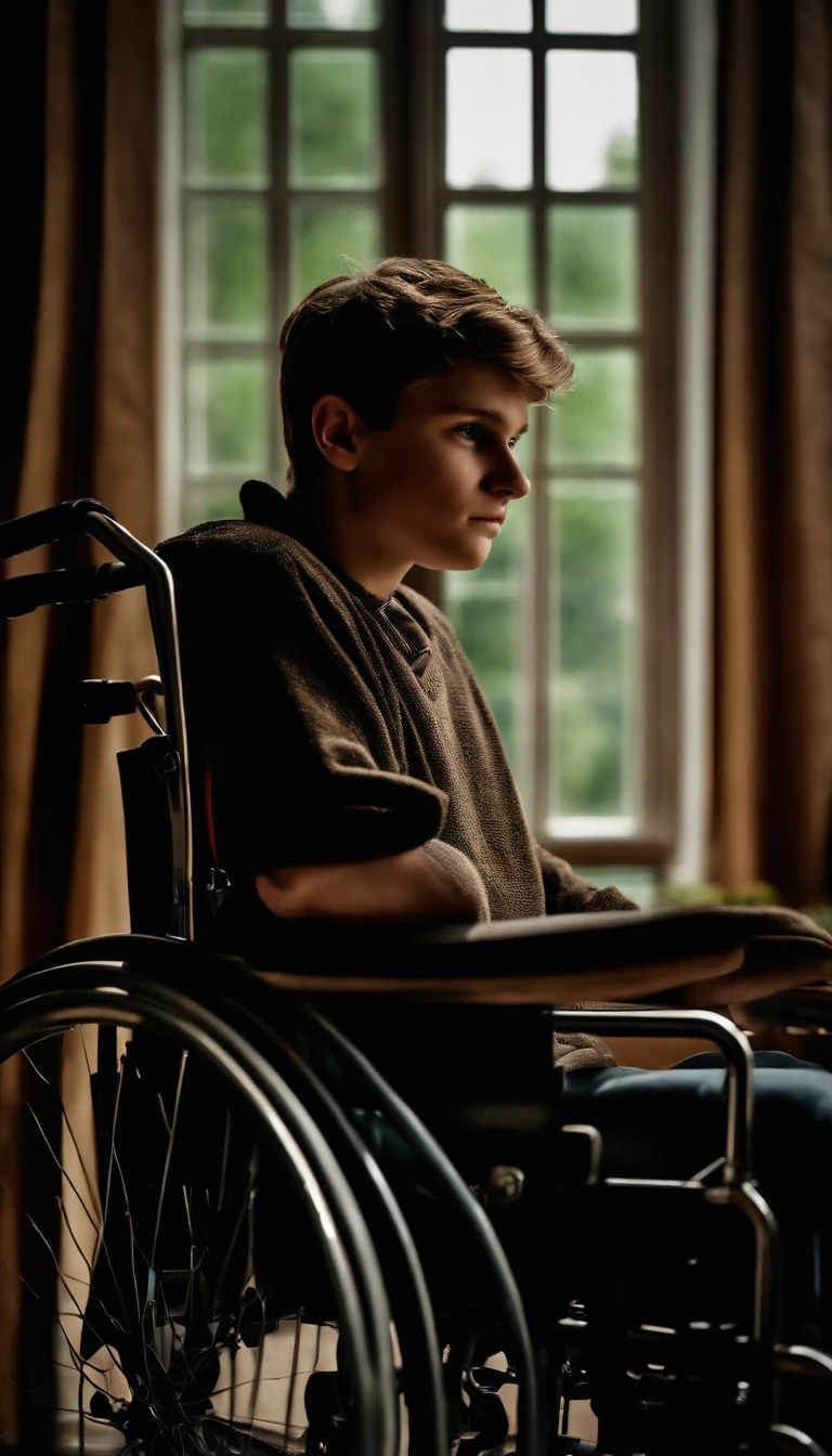 20-year-old boy has never used a wheelchair, his face is disabled, invalid, his wheelchair is close to a window, ultra-detailed image
