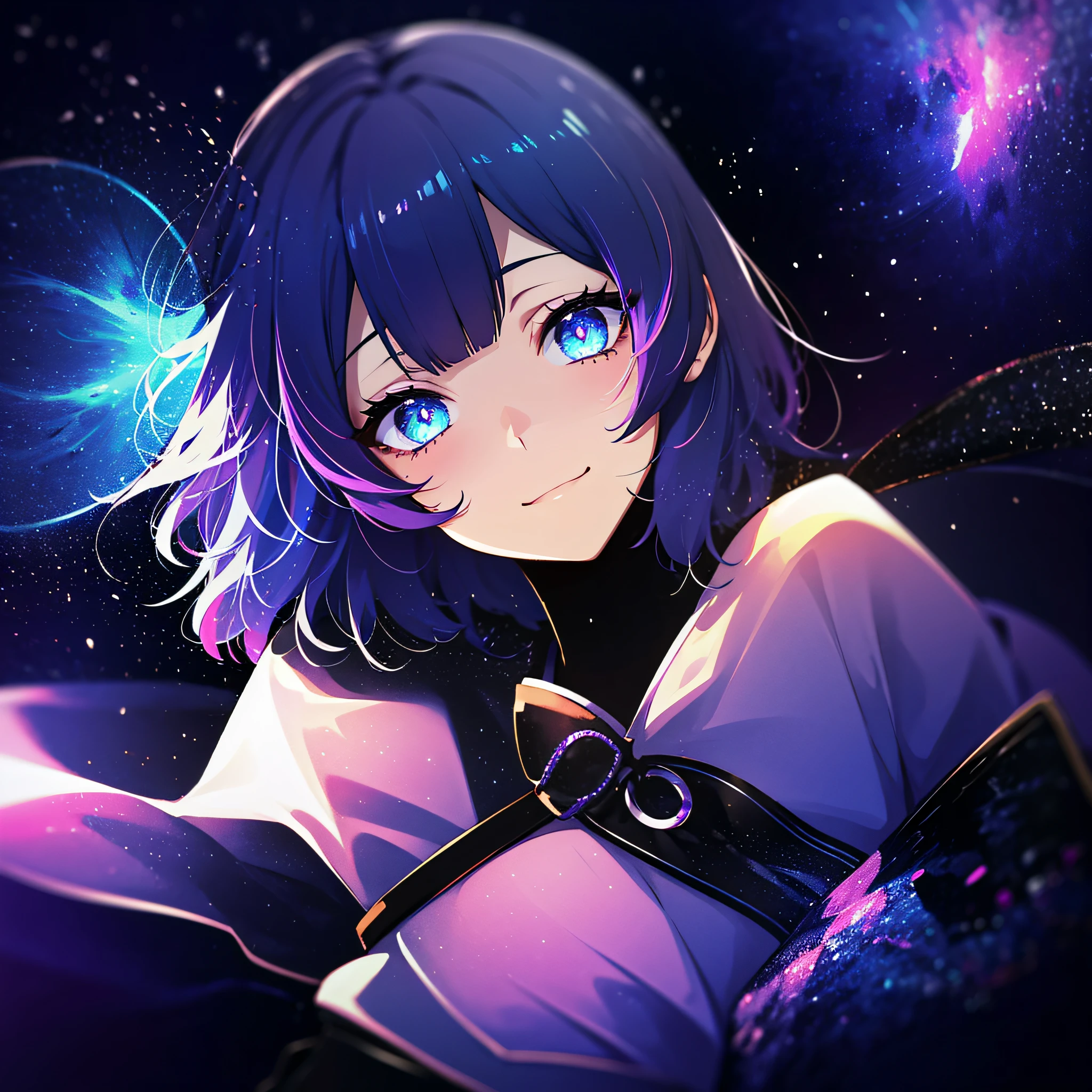 (masutepiece:1.3), (Best Quality:1.3), High resolution, Couboy Shot, on back, Sleeping, (One Cute Girl:1.3), Solo, White skin、 huge smile、Angel Ring、eight-headed person, Purple hair, (bobhair:1.2), Mixed mesh and light blue、Short hair, (Blunt bangs:1.2), Beautiful hair, Eyes are purple, Miraculous Eye、Beautiful detailed eyes, ultradetailed eyes、Glitter eyes、octans,cloud,from the rear、Colorful starry sky,Stars,Iridescent aura around the eyes、Squat position、Lie down and stick your hips out、Iridescent eyes、Narrowed eyes sucked in,Wearing a rainbow-colored aura from the whole body、purpleish color, Outdoors, Purple background, Shadow lighting,perfectbody