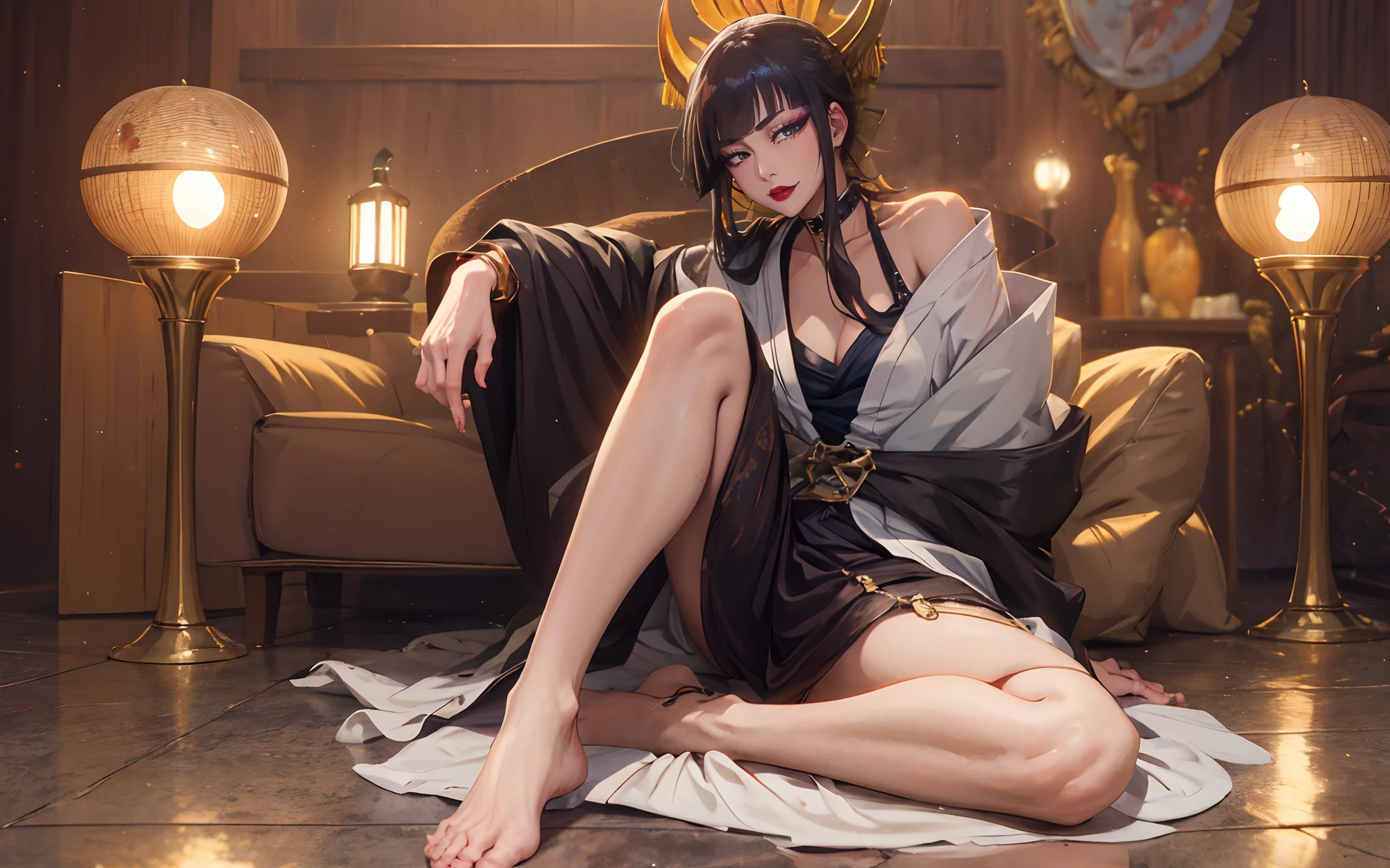 senjumaru shutara, (long hair, bangs, blunt bangs, black hair, sidelocks:1.5), (black eyes:1.5), makeup, lipstick, red lipstick, breasts, epic art, fantasy, 1girl, anklet, barefoot, solo, jewelry, sitting, indoors, breasts, choker, looking_at_viewer, cleavage, bracelet, large_breasts, bare_shoulders, dress, glow effects, godrays, Hand drawn, render, 8k, octane render, cinema 4d, blender, dark, atmospheric 4k ultra detailed, cinematic, Sharp focus, big depth of field, Masterpiece, colors, 3d octane render, 4k, concept art, trending on artstation, hyperrealistic, Vivid colors, extremely detailed CG unity 8k wallpaper, trending on CGSociety, Intricate, High Detail, dramatic, anime coloring, anime screencap, steaming body, fog, heavy breathing, nsfw art,