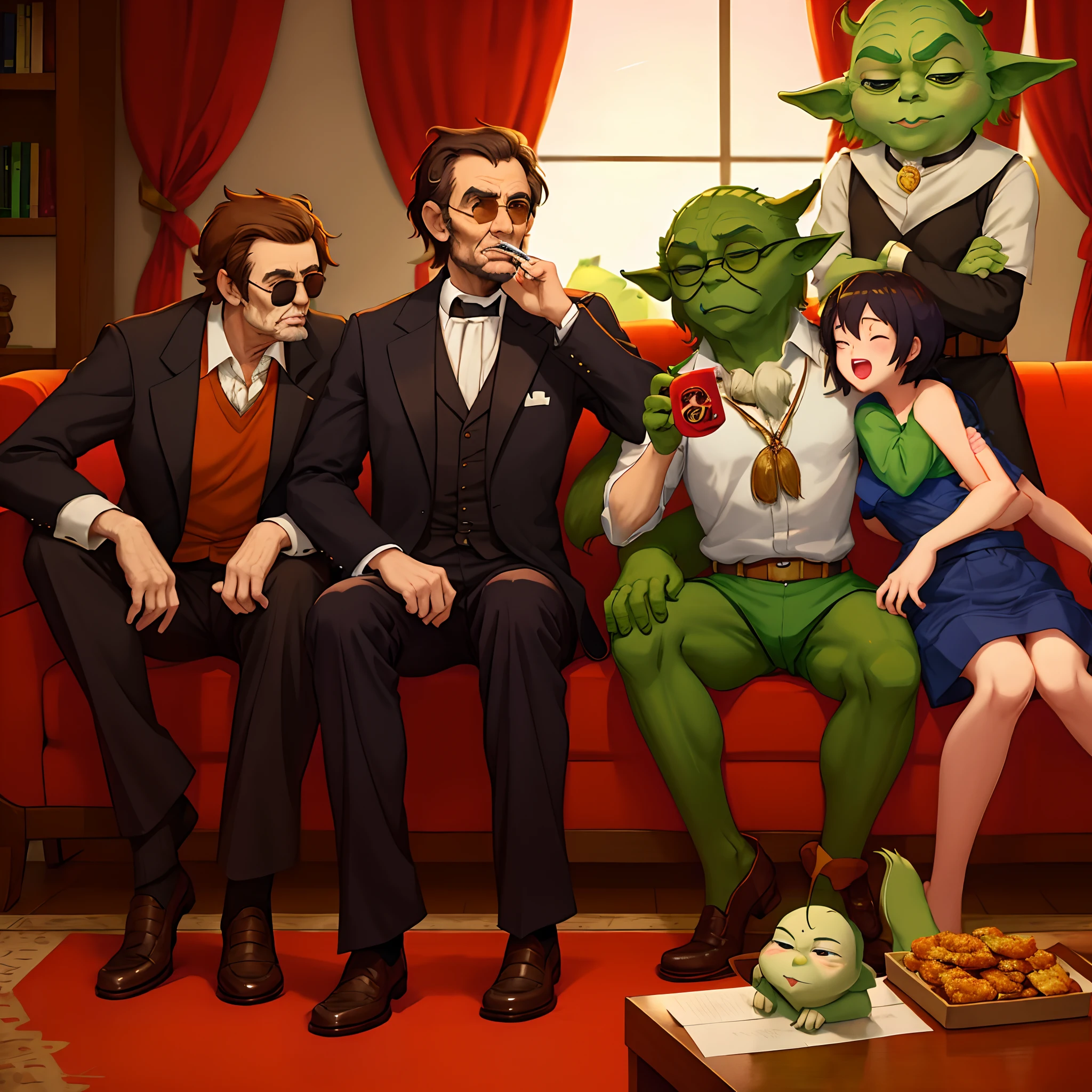Abe Lincoln, yoda, shaggy, scooby doo, and Ronald Reagan smoking a blunt on a couch together with sunglasses