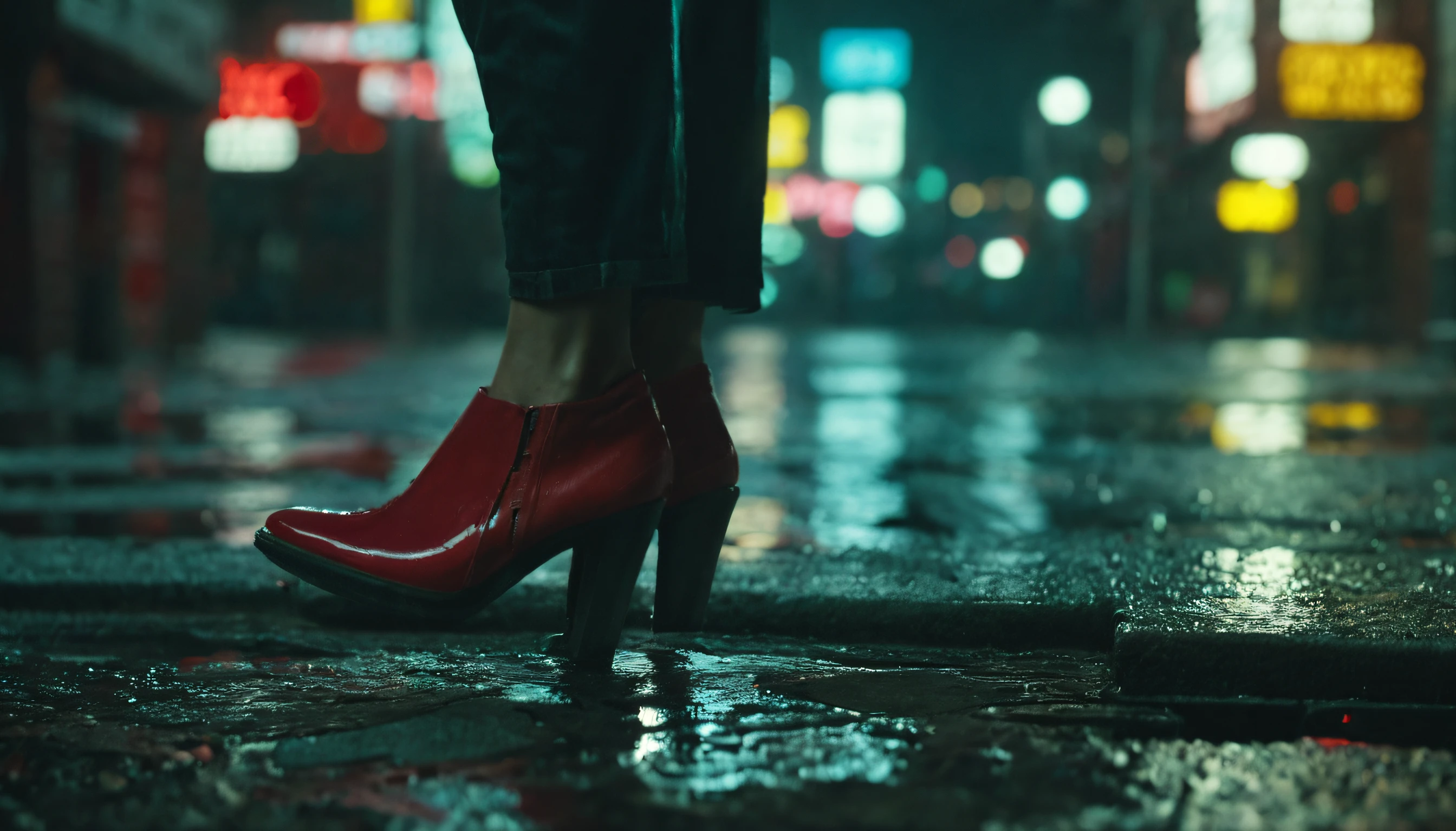 AWARD-WINNING PROFESSIONAL PHOTOGRAPHY, National Geographic, down on the ground view, busy Broadway blvd street at night, drain draining rain , close up of an empty white cigarette pack floating into a sewer grate of a downtown New York City in 2050 after a rainy night, a woman in black dress wearing with Leboutin  shoes heel red shoes walking over the drain, , hyper-realistic, Cyberpunk, cinematic scene, Cityscape, morose, neon-lit, View from above at night during heavy rains, Reflective wet streets, photorealistic, Extremely well done, Arri Alexa LF, Objectif 14mm, Light streaks, DOF, Lens Flares, 8k, Hdr, volumeric lighting, Lens Flares,Intricate details, raw