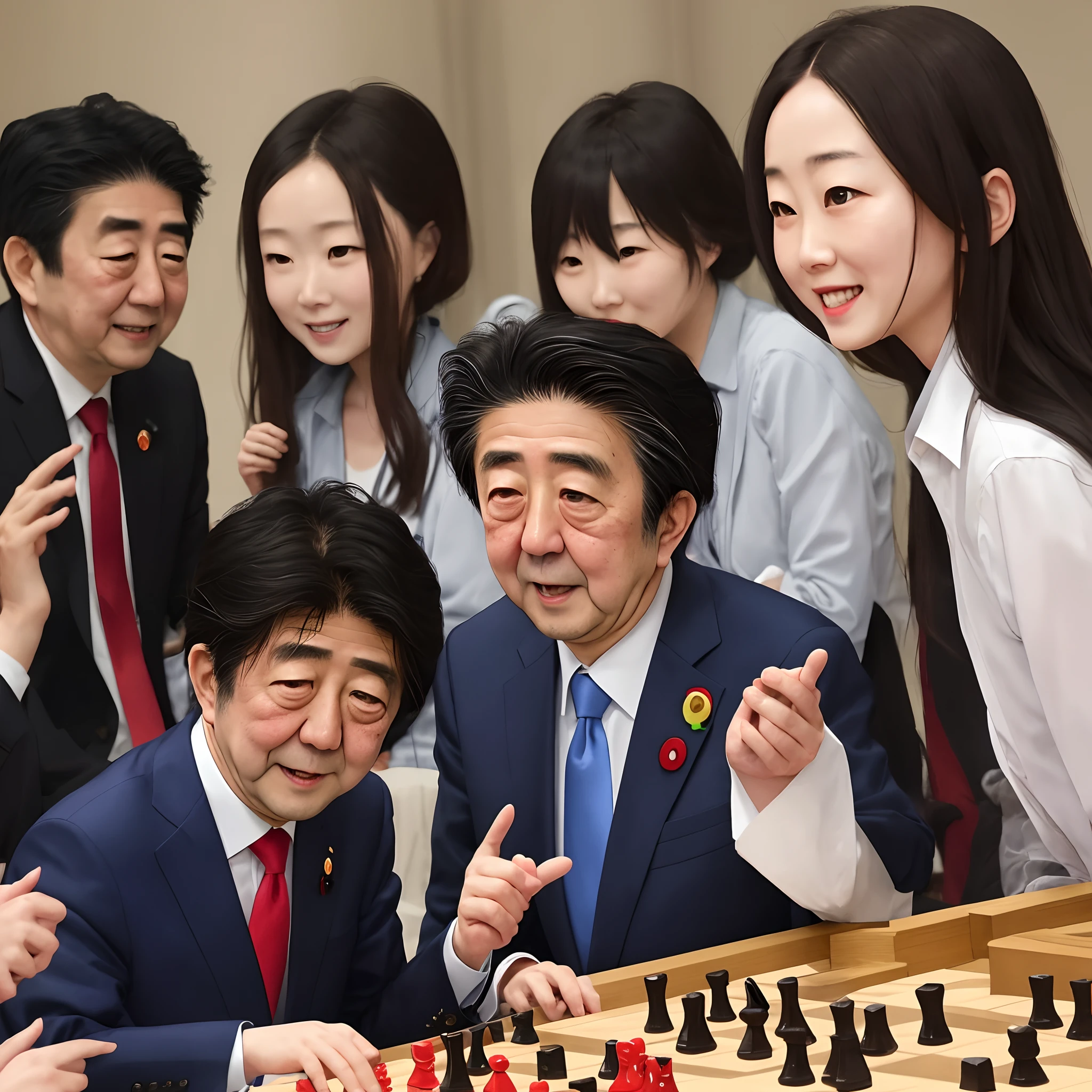 Shinzo Abe and a beautiful girl point to shogi