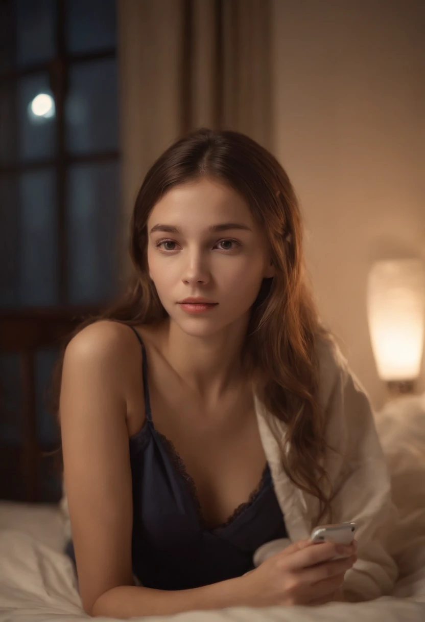 Masterpiece, Best Quality, 1 Russian  Girl(12yo),Hng the phone with both hands in front of his face(Smartphone, Talking on the phone) lyin in bed, 独奏, , Silk Nightgown, Russian girl 12 years ol night, Blondggy hair, bed, crumpled blanket, twilight, Overhead light off, on a bed, Petite, Extremely skinny body, Skinny, lying on the bed, head on pillow,4k render, effect, Dark background, Night Room in a Girl, Lights off, Diffused dimmed light from a lantern outside the window,window,street,the night,