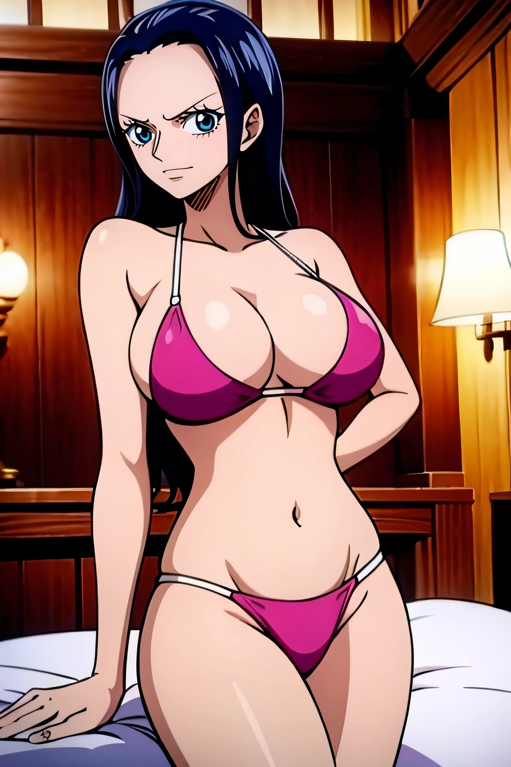 Robin de One Piece, pose sexy, Y si , Elly, Sari rojo, 8k, anime, ribera, teta grande, grande, Se ve sexy perfecta calidad ojos ojos azules, bikini rosa, pink bikini, bed, house, night