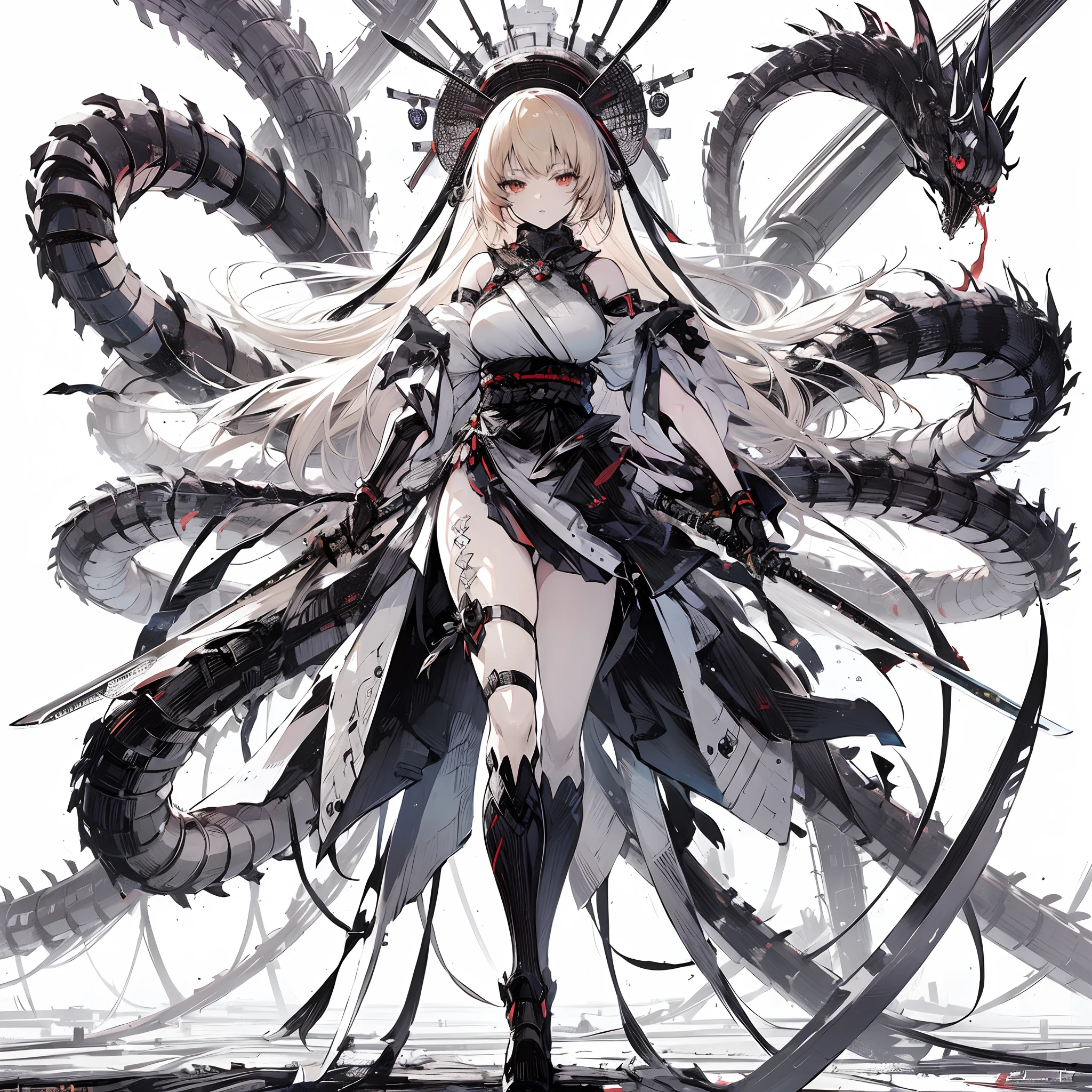 (masutepiece, Best Quality), (Perfect female body:1.2), Ultra-detailed, Anime style, Solo, Priestess in cyber dress、With a huge giant sword, Cyberpunk Ninja Girl, ash blond hair, huge many branched centipede tails,,, White background, Whole body. Standing in the wasteland