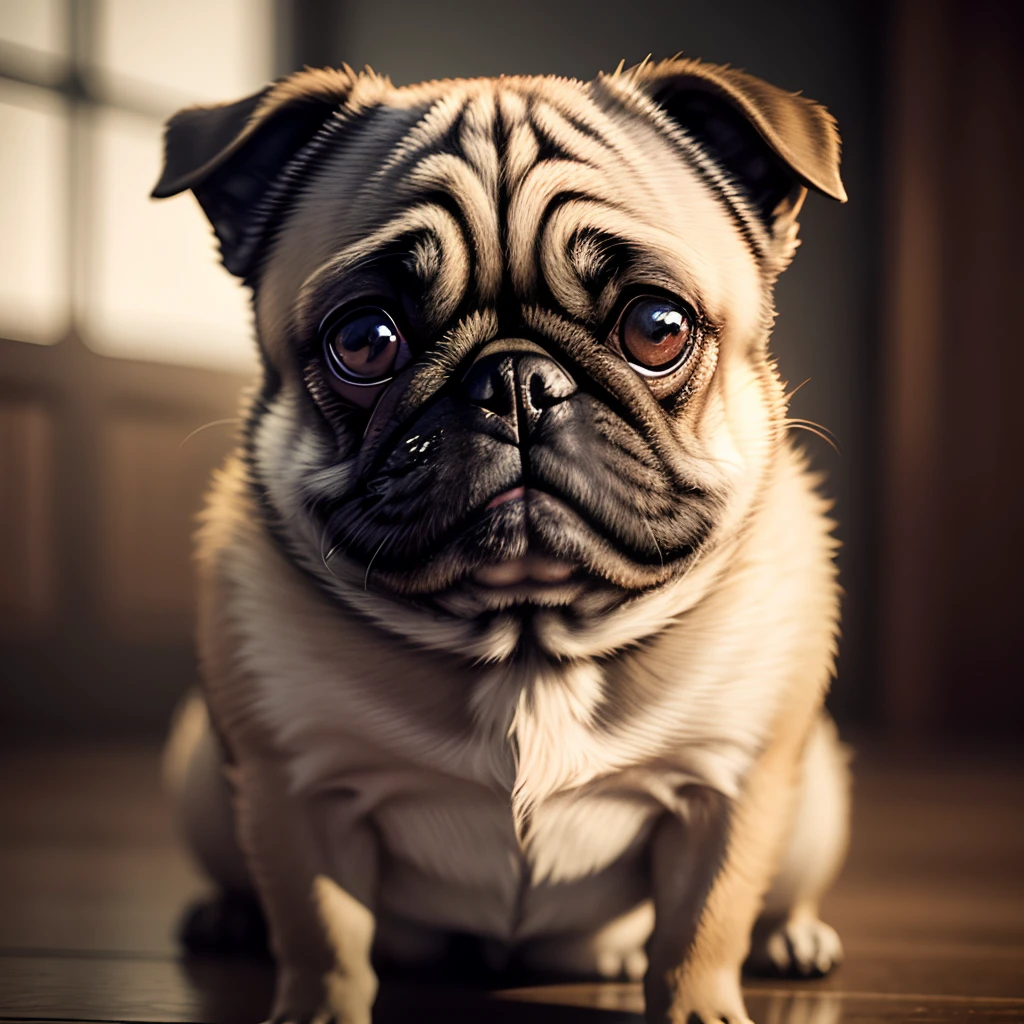 Anthropomorphic pug dog, Lightroom, Cinematic, HDR, Raw, Intricate, hiquality, soft tones, intricate details, low contrast