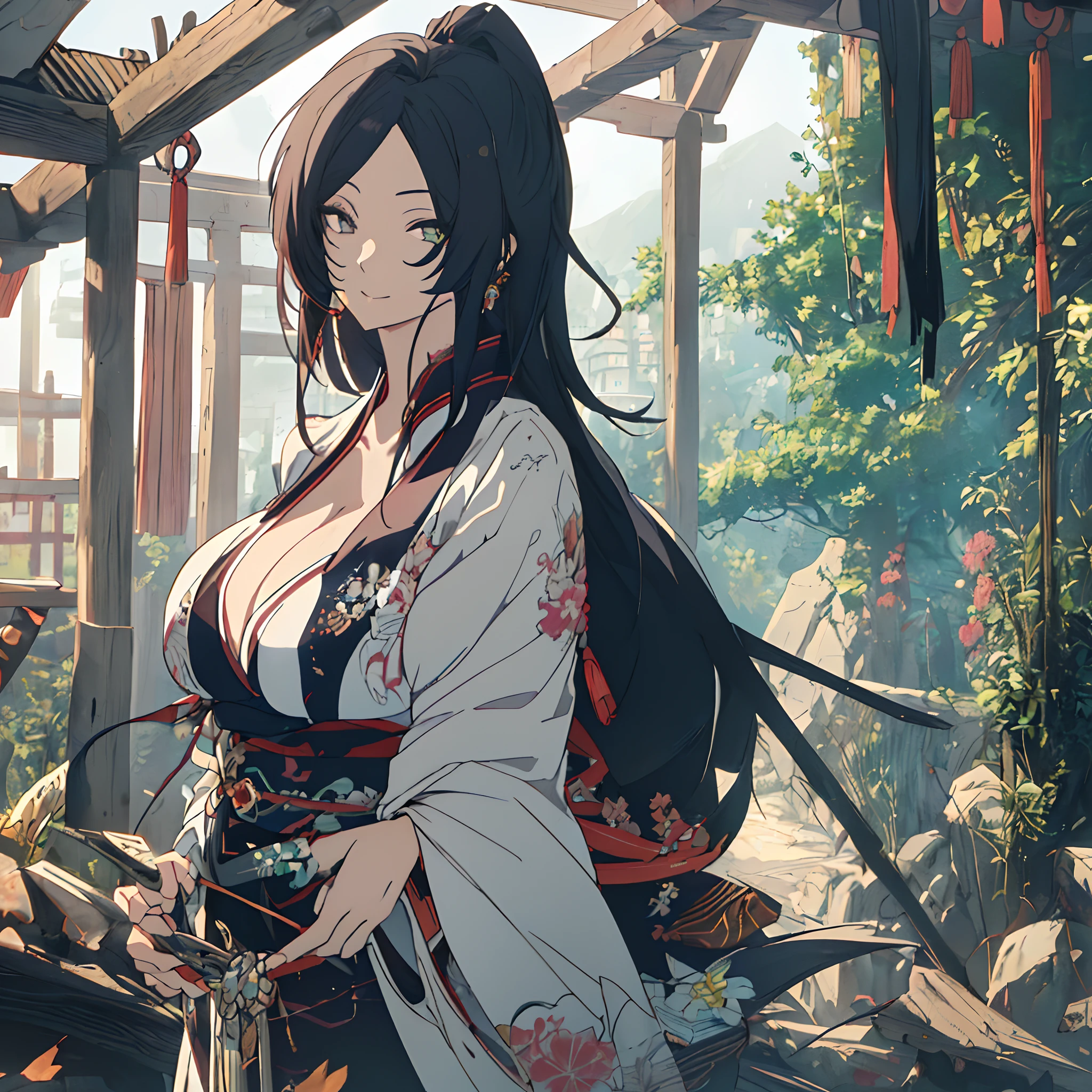 (Best Quality,4K,8K,hight resolution,masutepiece:1.2),Ultra-detailed,,beautiful character painting,The art of white Japan,Shrine of Japan,epic exquisite character art,Stunning character art,Beautiful woman,((smil、cleavage of the breast、beautiful and very large breasts,Beautiful detailed eyes,Blue black hair))
