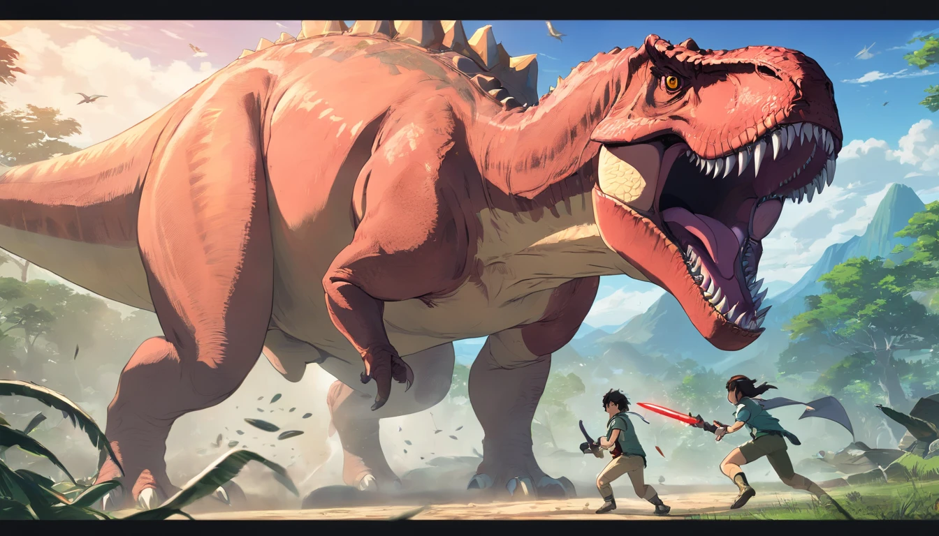 T-Rex vs. Triceratops fierce battles, (Best quality, 4K, A high resolution, ultra - detailed), Fierce struggle, Roars and horns, Dusty prehistoric landscape, realistic shaded,The character's expression was surprised, Vivid colors, (A detailed, 复杂, Exquisite) Dinosaur scales and textures, Dynamic movements, (irate, Determined) The expression on the face of a dinosaur, (stark, Muscular) institution, Sharp teeth and horns, (big assa, imponent) Size, (Dramatic, Dynamic) illuminating, (stark, Energetic) enhancing, (Tension, Anticipation) In the air,1 vs 1,bloods,Hunting,Defense dose,Fight to the death