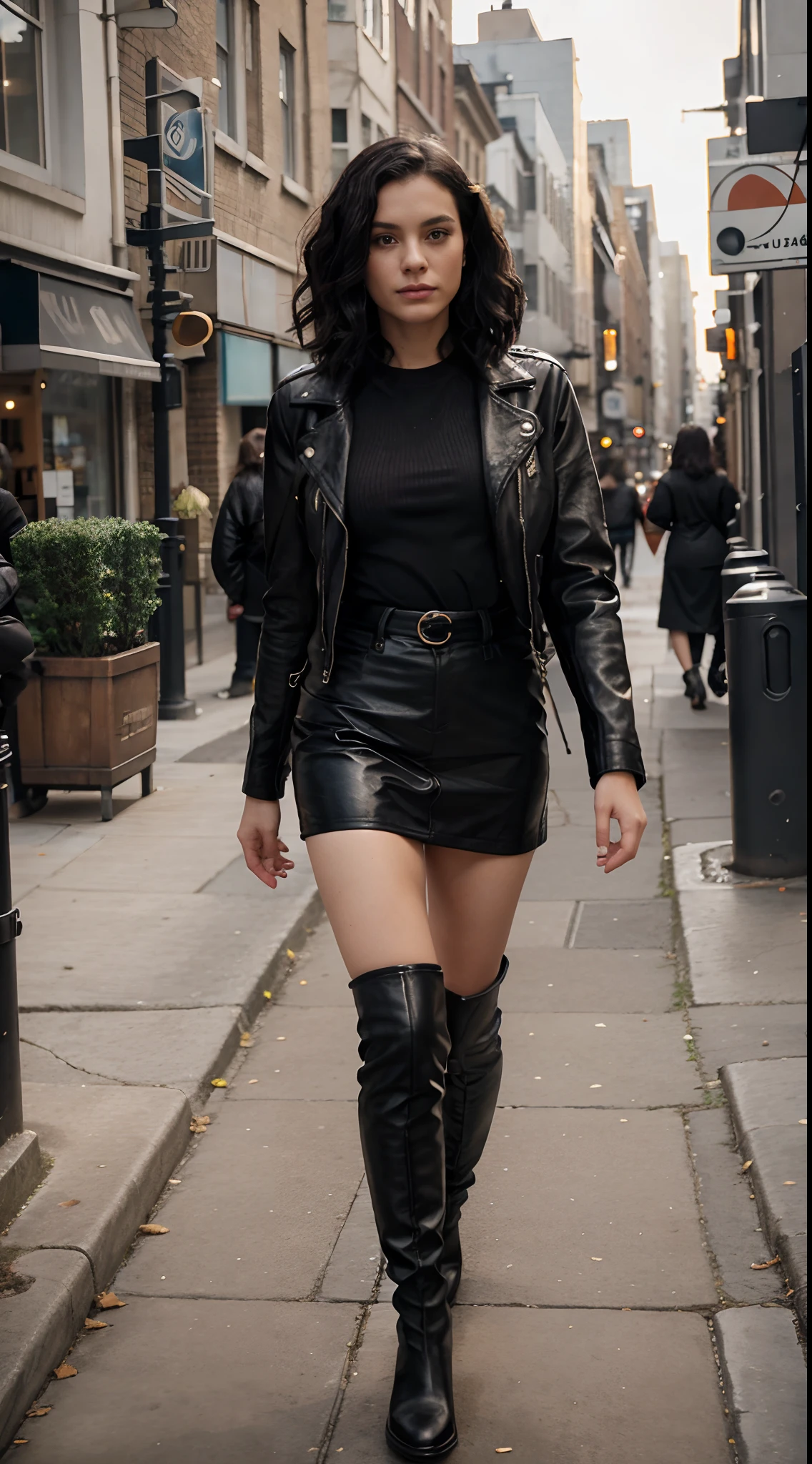 bob hair,wave hair,27 years old,black leather knee length boots,black leather jacket,walking in the city,