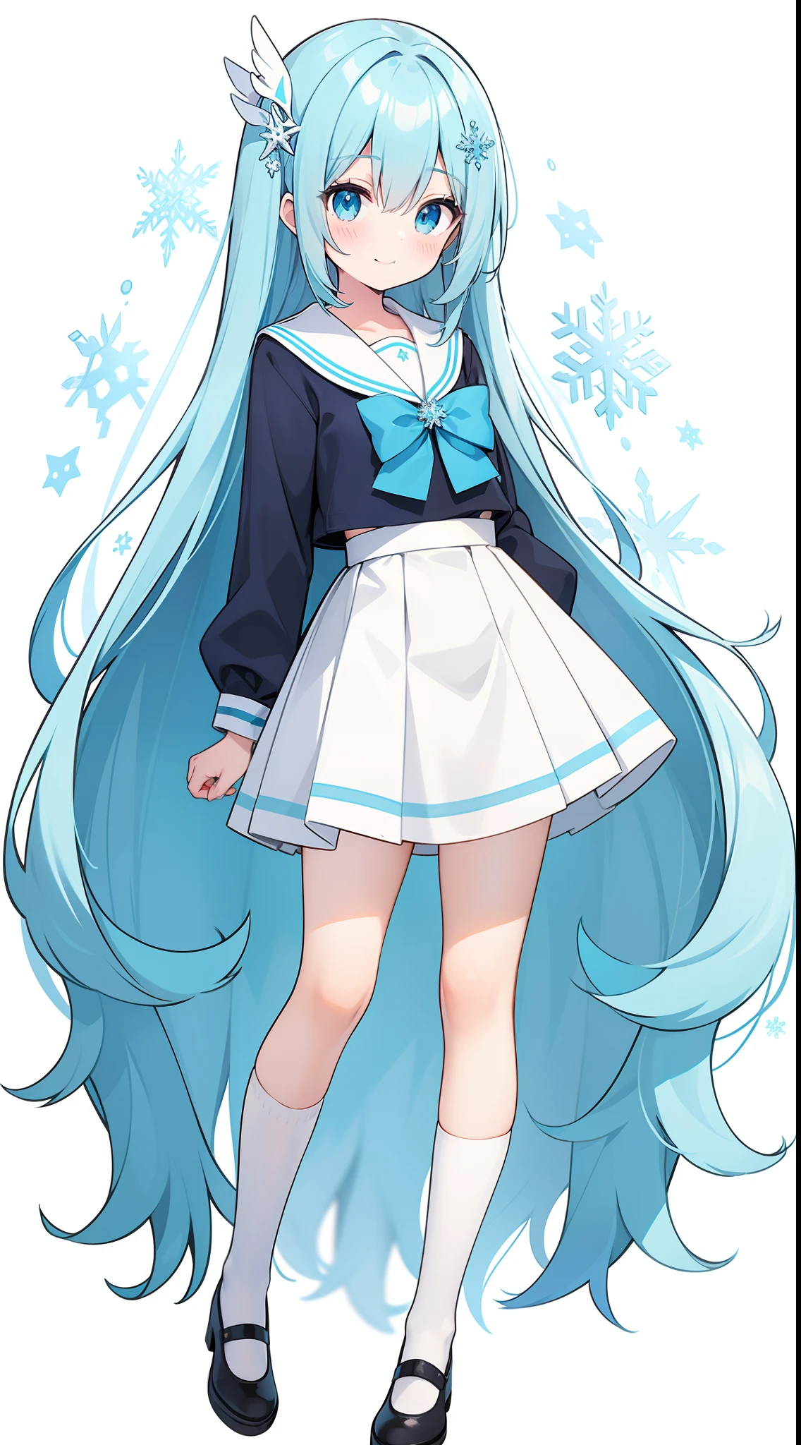 (straight-on),full body,white background,standing,a girl,whaite hair,aqua_hair,aqua_eyes,blue_eyes, hair between eyes, hair over shoulder, snowflake hair ornament, best quality, highres,(long_hair),white_skirt,blue_bowtie,white_sailor_dress,white_socks,straight hair,(smile)