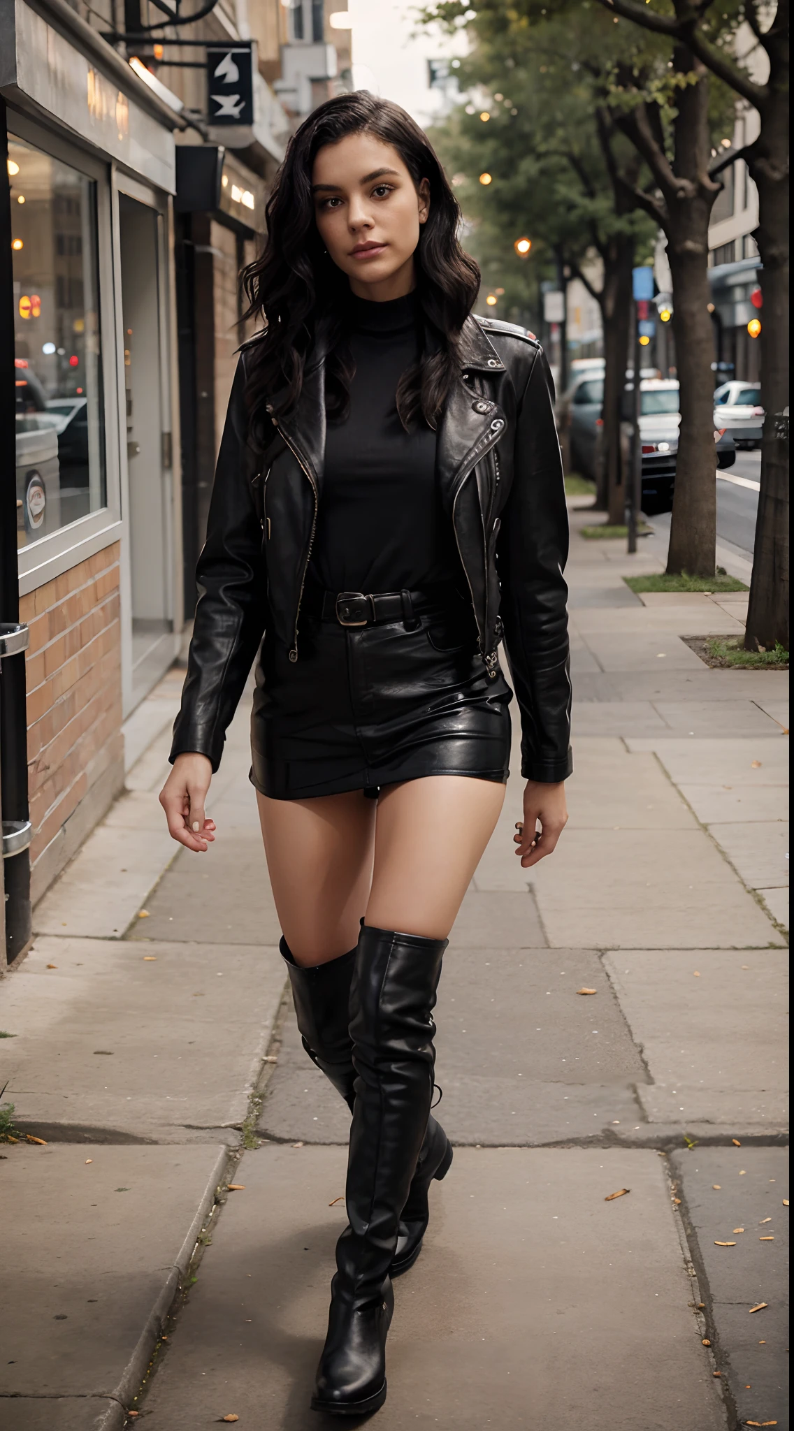 bob hair,wave hair,27 years old,black leather knee length boots,black leather jacket,walking in the city,