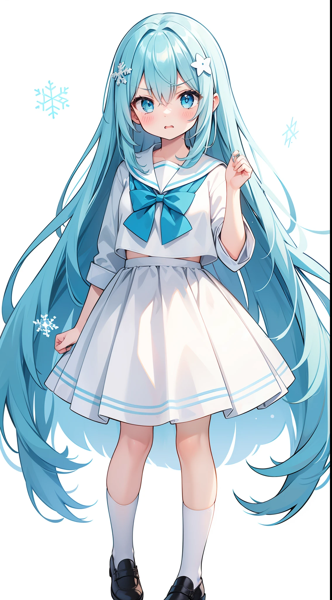 (straight-on),full body,((white background)),standing,a girl,whaite hair,aqua_hair,aqua_eyes,blue_eyes, hair between eyes, hair over shoulder, snowflake hair ornament, best quality, highres,(long_hair),white_skirt,blue_bowtie,white_sailor_dress,white_socks,straight hair,(angry)