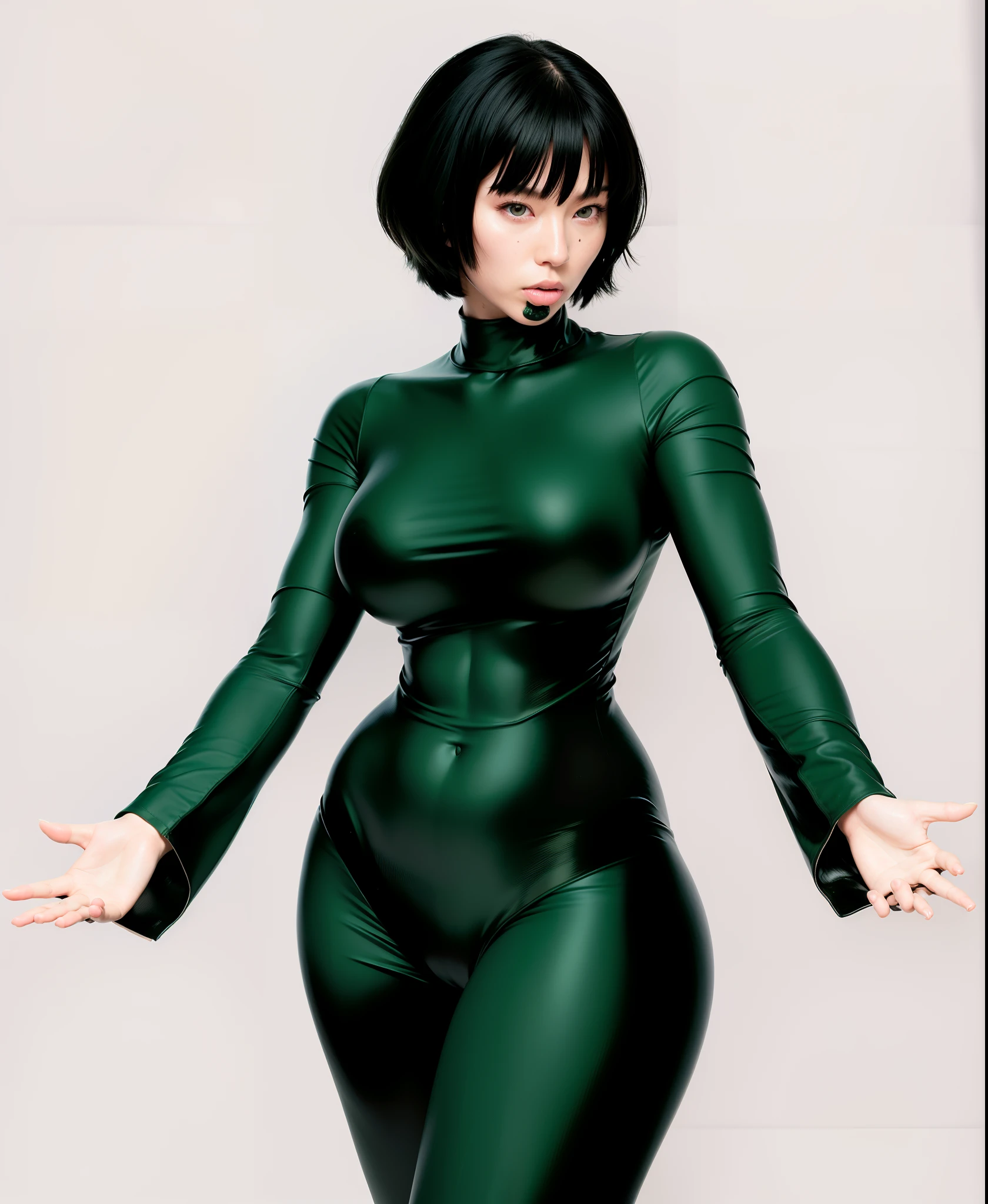 a close up of a woman in a green suit posing, tatsumaki from one punch man, fubuki, tatsumaki, motoko kusanagi, aeon flux style, ghost in the shell style, style is a blend of æon flux, style mix of æon flux, ghost in the shell art style, styled like ghost in the shell, High quality image, masterpiece, detailed hair texture, detailed skin texture, detailed cloth texture, 8k, add fabric details, ultra detailed skin texture, ultra detailed photo, skin pores, cloth details, high skin details, realistic hair details