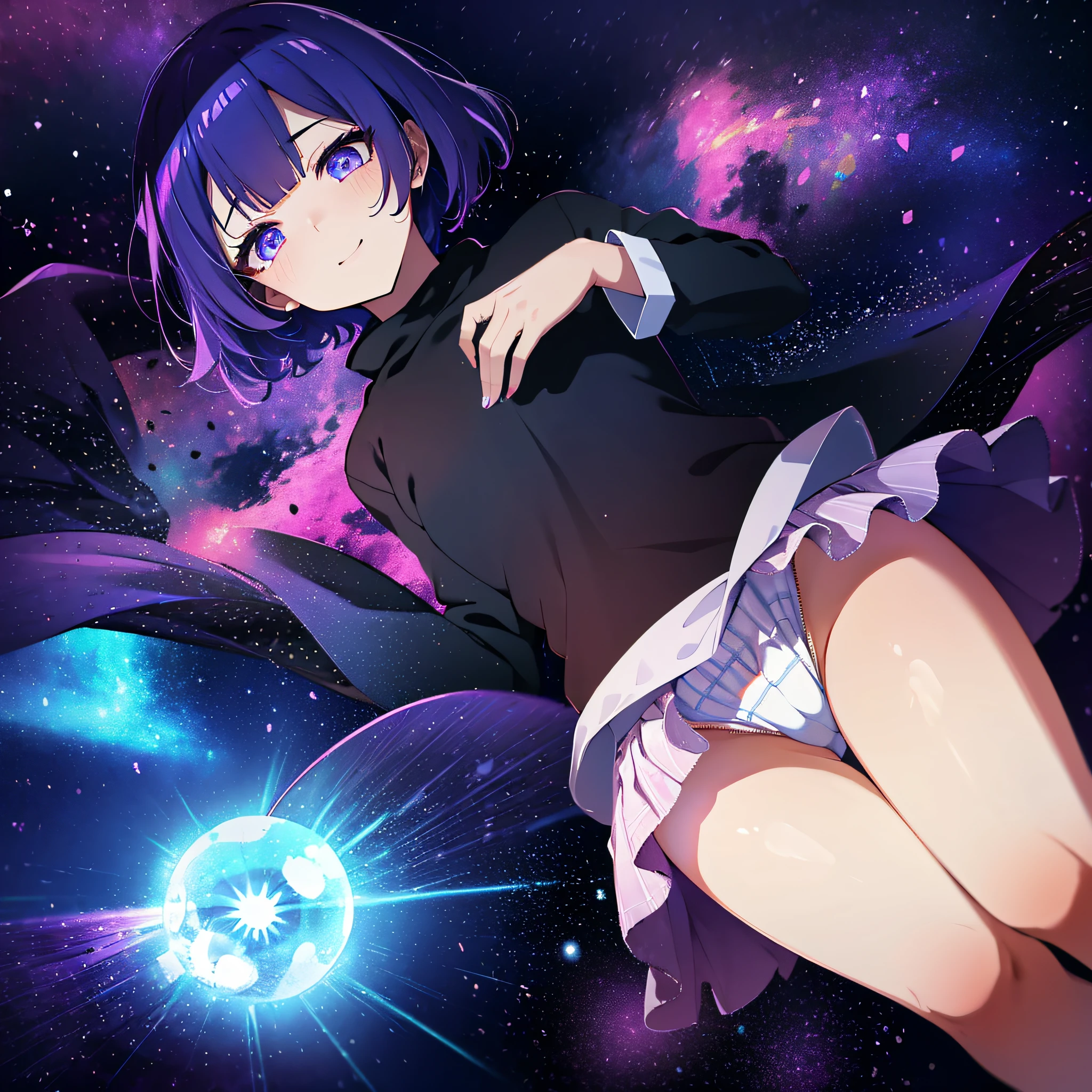 (masutepiece:1.3), (Best Quality:1.3), High resolution, Couboy Shot, on back, Sleeping, (One Cute Girl:1.3), Solo, White skin、 huge smile、Angel Ring、eight-headed person, Purple hair, (bobhair:1.2), Mixed mesh and light blue、Short hair, (Blunt bangs:1.2), Beautiful hair, Eyes are purple, Miraculous Eye、Beautiful detailed eyes, ultradetailed eyes、Glitter eyes、octans,cloud,from the rear、Colorful starry sky,Stars,Iridescent aura around the eyes、Squat position、Lie down and stick your hips out、Iridescent eyes、Narrowed eyes sucked in,Wearing a rainbow-colored aura from the whole body、purpleish color, Outdoors, Purple background, Shadow lighting,perfectbody