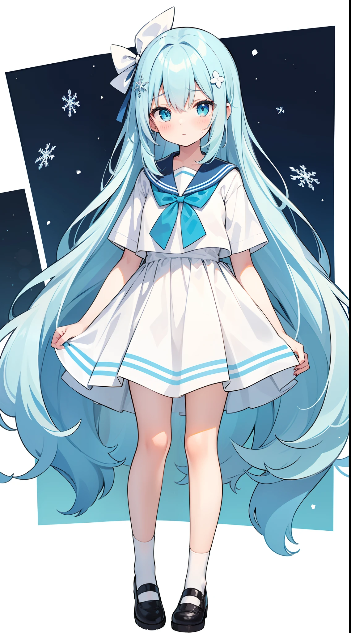 (straight-on),full body,((white background)),standing,a girl,whaite hair,aqua_hair,aqua_eyes,blue_eyes, hair between eyes, hair over shoulder, snowflake hair ornament, best quality, highres,(long_hair),white_skirt,blue_bowtie,white_sailor_dress,white_socks,straight hair,(sad)