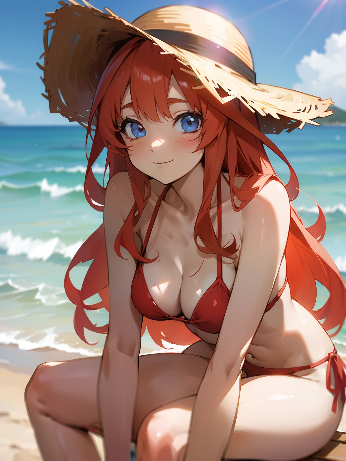 1girl, Anime girl with long hair, anime moe art style, Anime visuals of cute girls, Anime Best Girl, itsuki nakano fanart, pretty anime girl, Smooth Anime CG Art, Seductive Anime Girl, charming anime girls, Cute anime girl, Shining eyes, big boobs, (((((leaning forward))))), ((looking at viewer)), (((((happy))))), close up, red hair, blue eyes, (((red bikini))), beach, ahago, ((straw hat)), ((sitting)), sun, sunlight, white bikini, beach, seaside