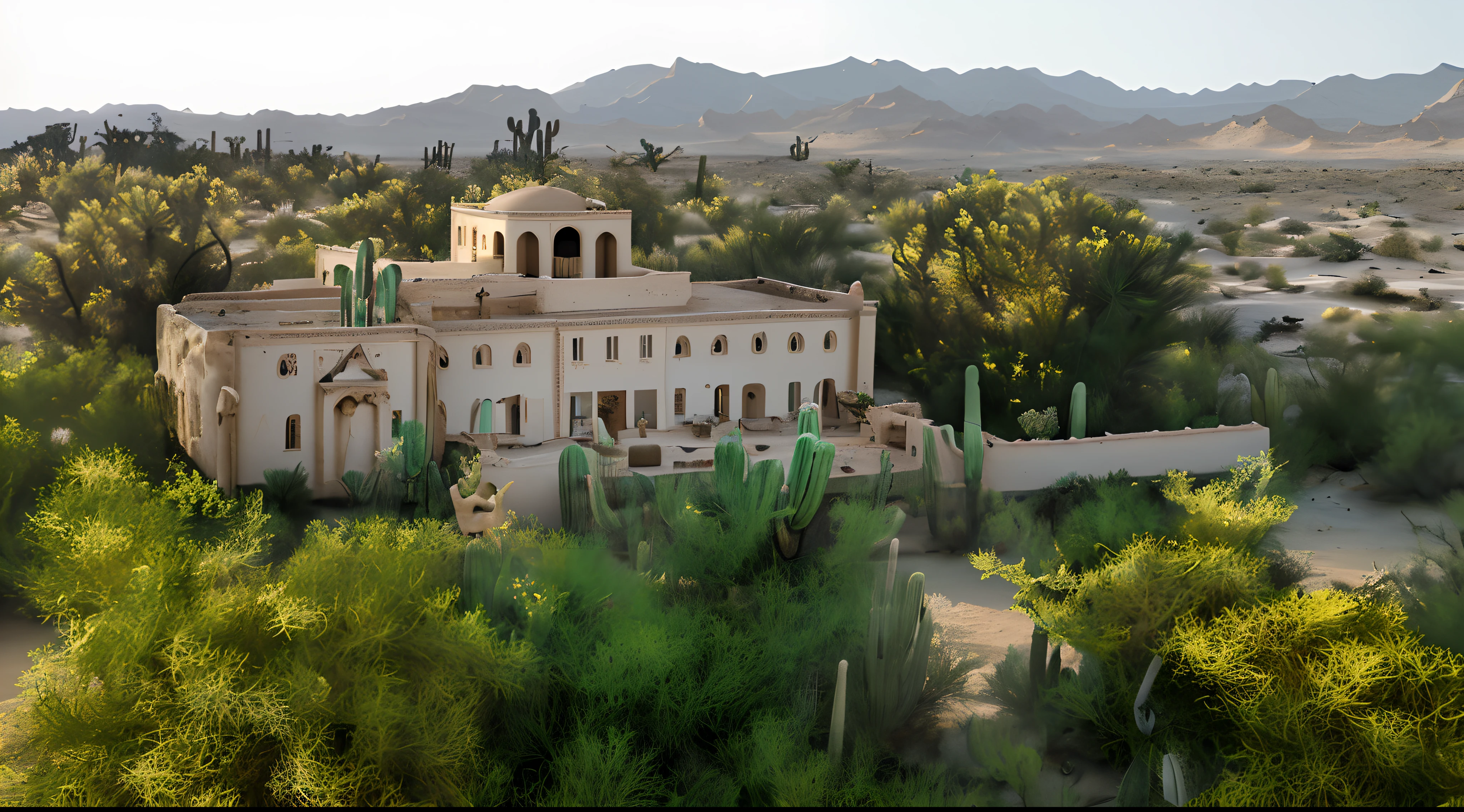 A very detailed photo of a big villa abandoned in the desert, cactus, tents, bedouins, camels, (desert: 1.6), photorealistic
