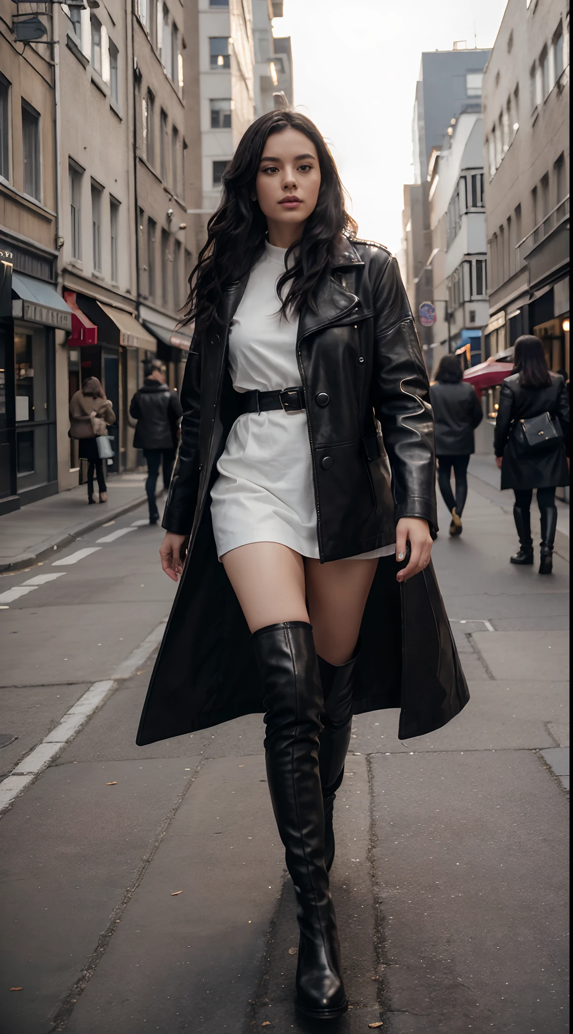 Best Quality, 8K, 32K, masutepiece,bob hair,wave hair,27 years old,black leather knee length boots,black leather long coat,walking in the city,