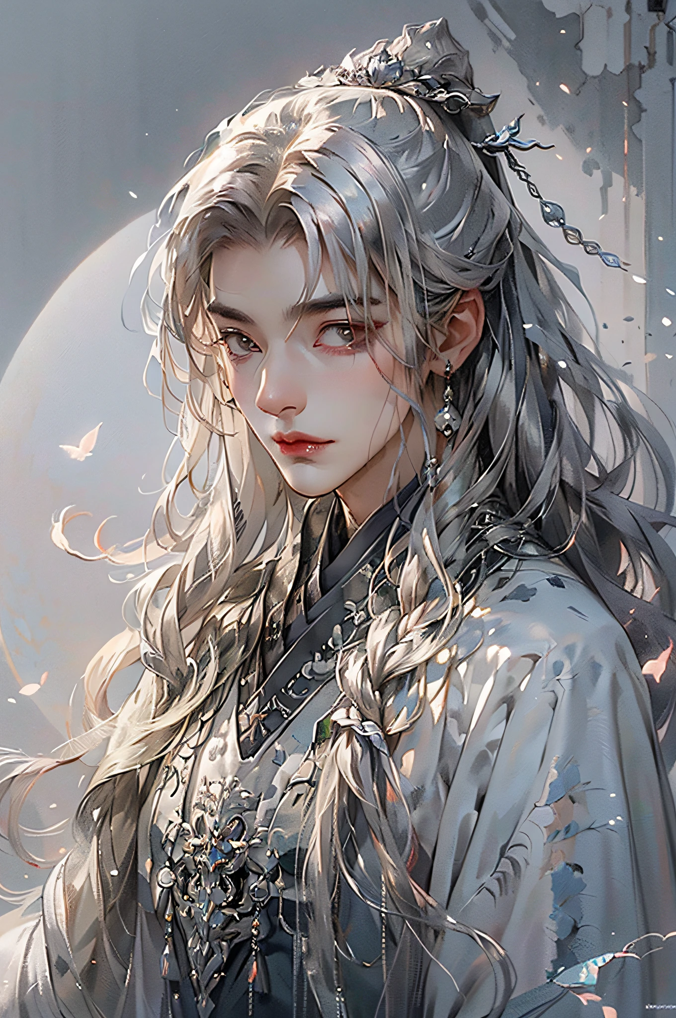 (extreamly delicate and beautiful:1.2), 8K, (tmasterpiece, best:1.0), , (LONG_silver_HAIR_MALE:1.5), Upper body body, a long_haired male, cool and seductive, evil_gaze, wears white hanfu, and intricate detailing, and intricate detailing, finely eye and detailed face, Perfect eyes, Equal eyes, Fantastic lights and shadows、white room background、 Uses backlight and rim light
