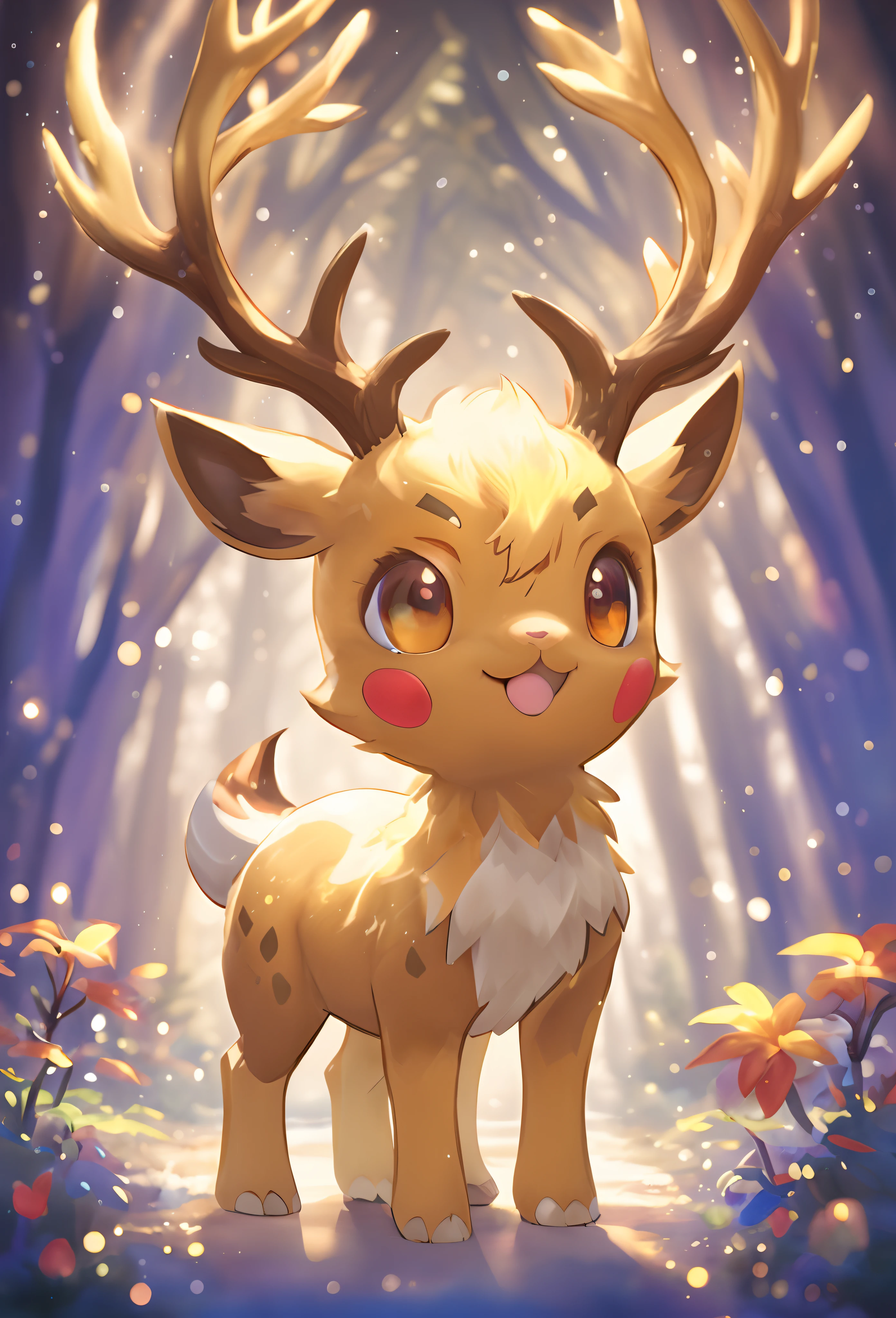 A cute bighorn fawn's Pokemon fan art, Detailed fanart, anthropomorphic deer, short antlers, pikachu in a forest, an anthropomorphic deer, full art, pikachu in a forest, high detailed official artwork, cute forest creature, Official artwork, illustration pokemon, anthropomorphic female deer, offcial art