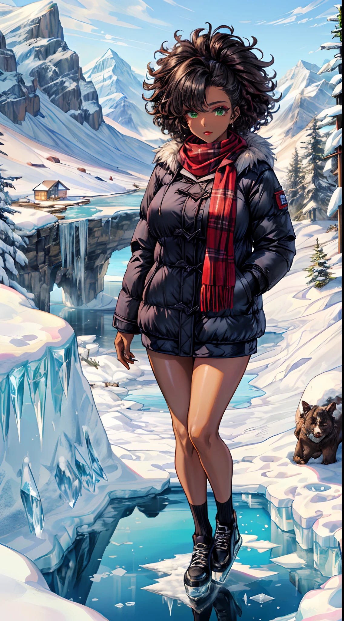 ((Masterpiece, hiquality, absurdress), 1Woman, black hair, curly hair, Afro-curly hair, Green eyes, a perfect face, the perfect body, sports body, big breastes, short stature, (((very dark skin))), 独奏, Detailed eyes and face, makeup, red-lips, Something Simple, But stylish, scarf around the neck, Warm winter clothes, Winter down jacket with fur, Warm shoes, winter, ice, Icy mountains around, A lot of snow,Ice Cave, Reflection in Ice Blocks, Ice Castle, Large snowflakes