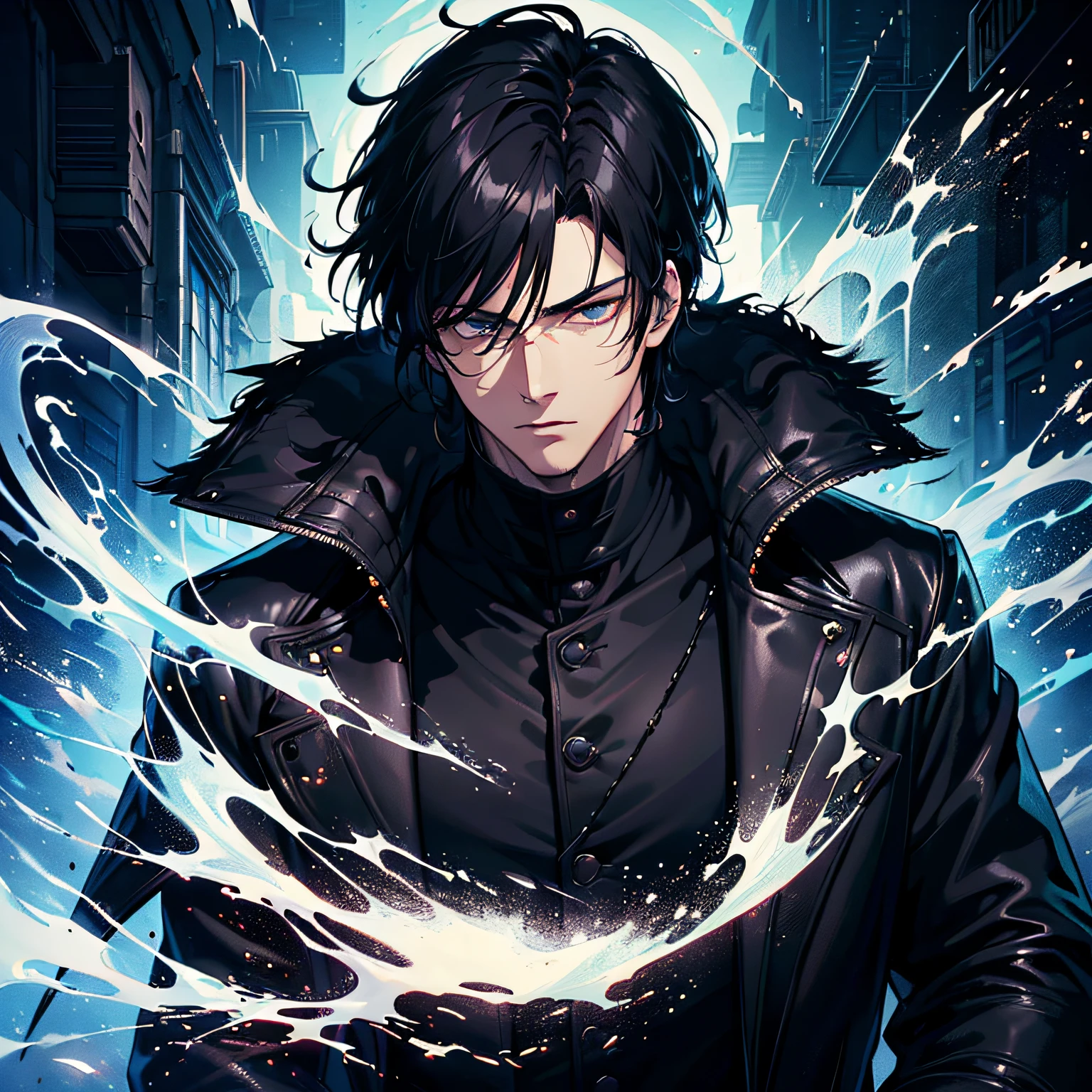 (best quality digital art digital illustration 4k high resolution beautiful image hyperdetailed image perfect lines dark lighting, night environment) (1:1 photorealistic) (heavy colors hdr 1.4) Art Manhwa epic focus on ung 28 year old man very handsome eyes black people black hair cold expression black clothes black leather overcoat destroyed scenery