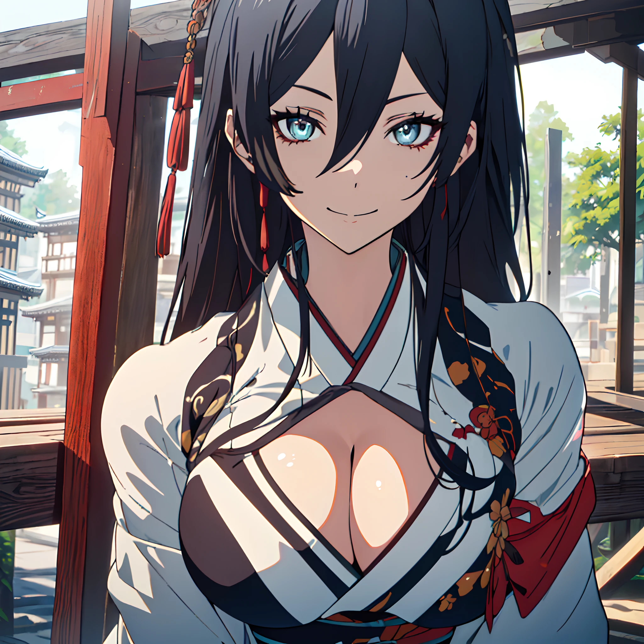 (Best Quality,4K,8K,hight resolution,masutepiece:1.2),Ultra-detailed,,beautiful character painting,The art of white Japan,Shrine of Japan,epic exquisite character art,Stunning character art,Beautiful woman,((smil、cleavage of the breast、beautiful and very large breasts,Beautiful detailed eyes,Blue black hair))