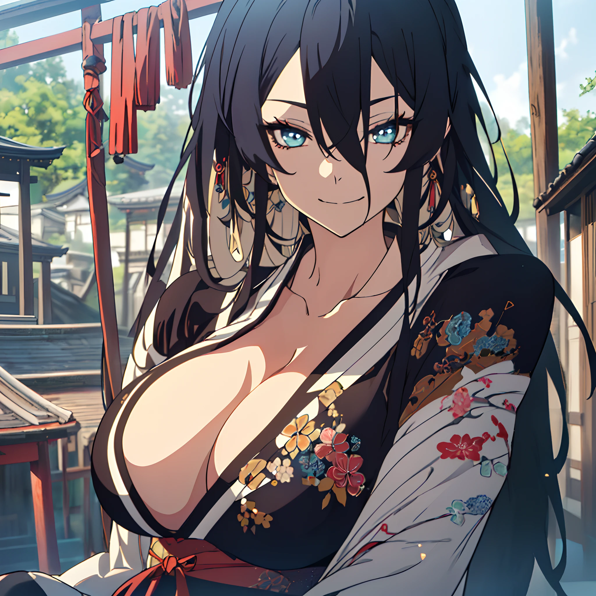 (Best Quality,4K,8K,hight resolution,masutepiece:1.2),Ultra-detailed,,beautiful character painting,The art of white Japan,Shrine of Japan,epic exquisite character art,Stunning character art,Beautiful woman,((smil、cleavage of the breast、beautiful and very large breasts,Beautiful detailed eyes,Blue black hair))