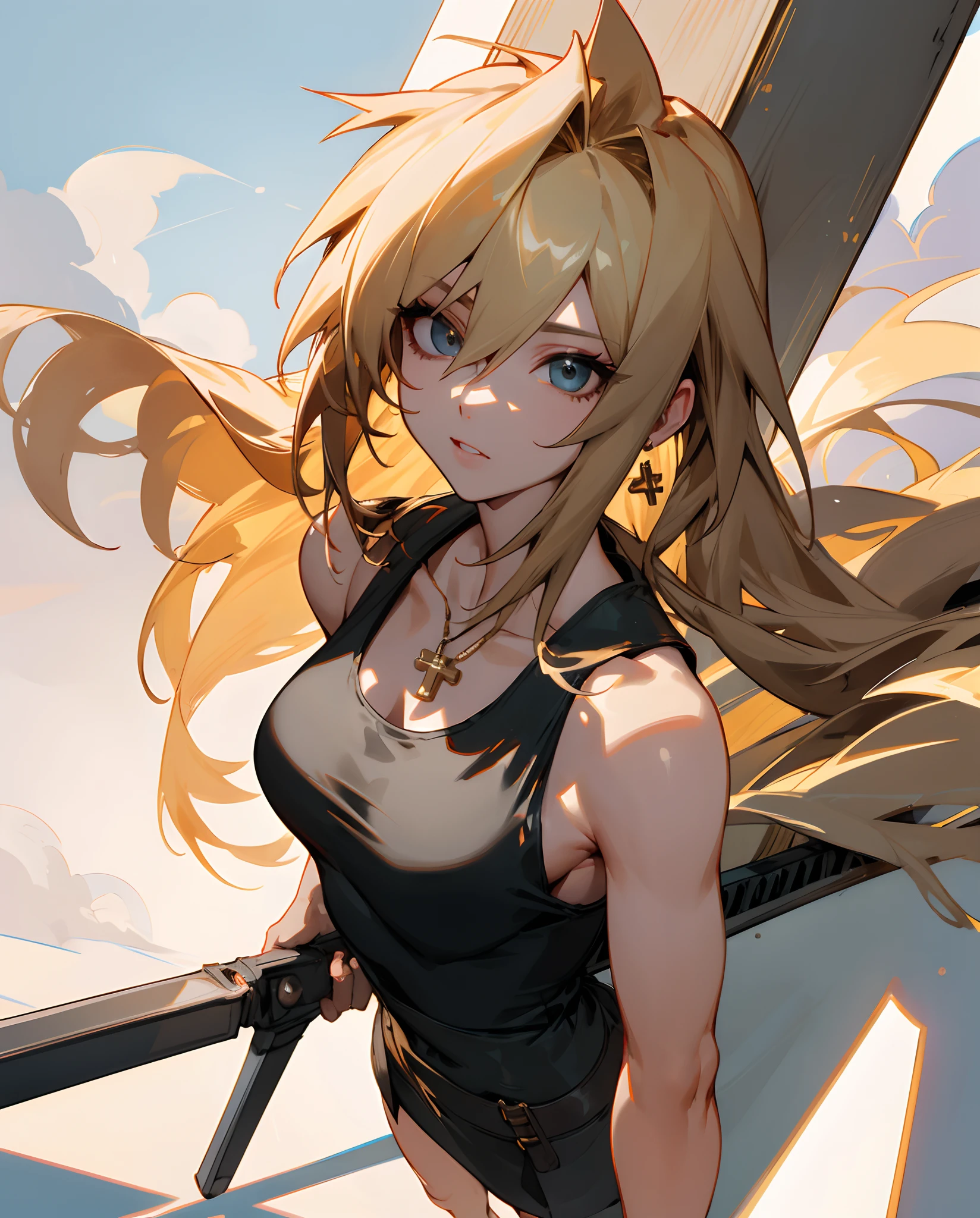 Anime girl with sword and black top standing on a ledge - SeaArt AI
