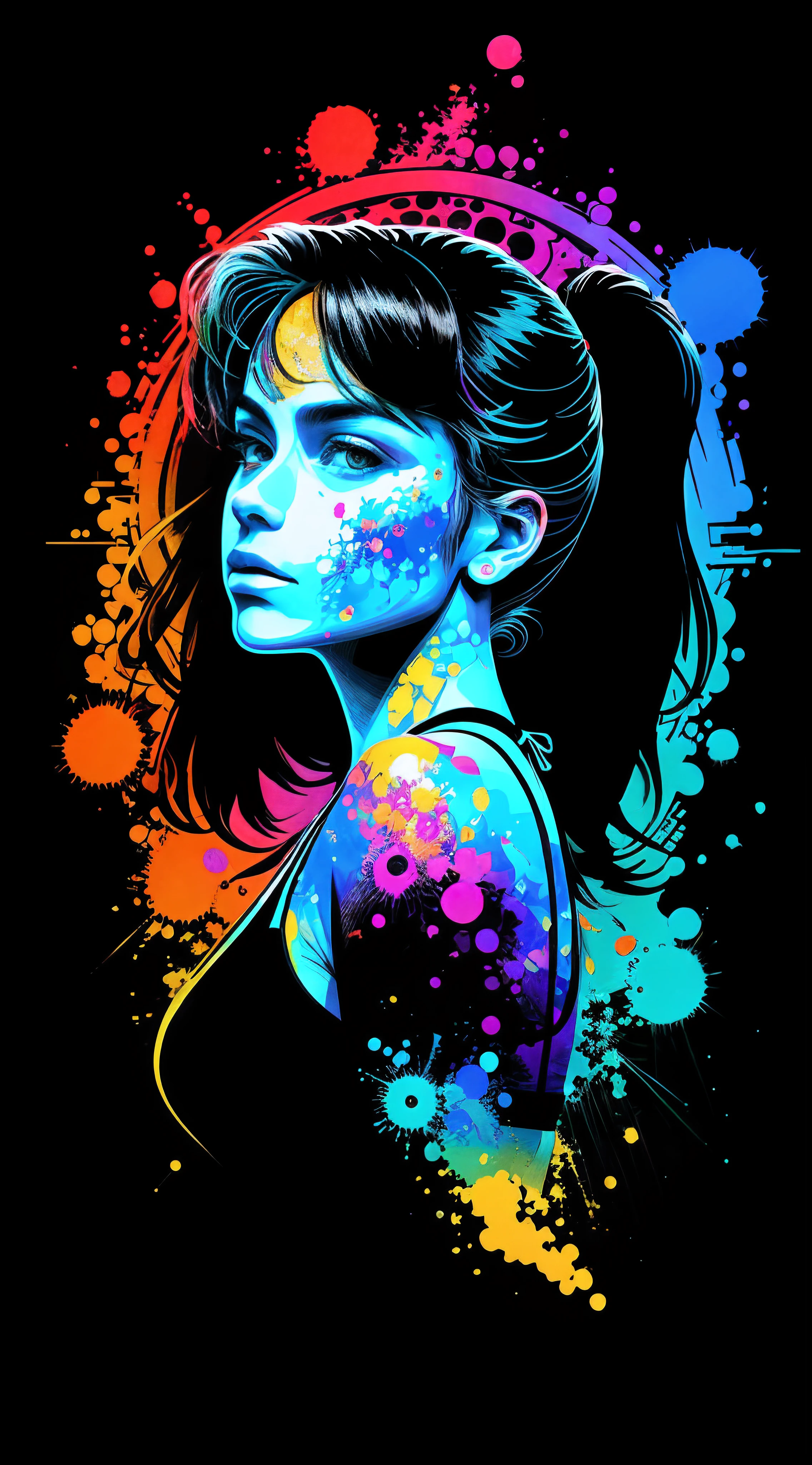 in the style of 0mib,T-shirt design,Side portrait of a bikini girl,Colorful,Prismatic fragments,Doodle lines,Reflect fractal circles,ink spatter,Melted brushstrokes,particles vortex,dramatic lighting,high high quality, Beautiful,tmasterpiece