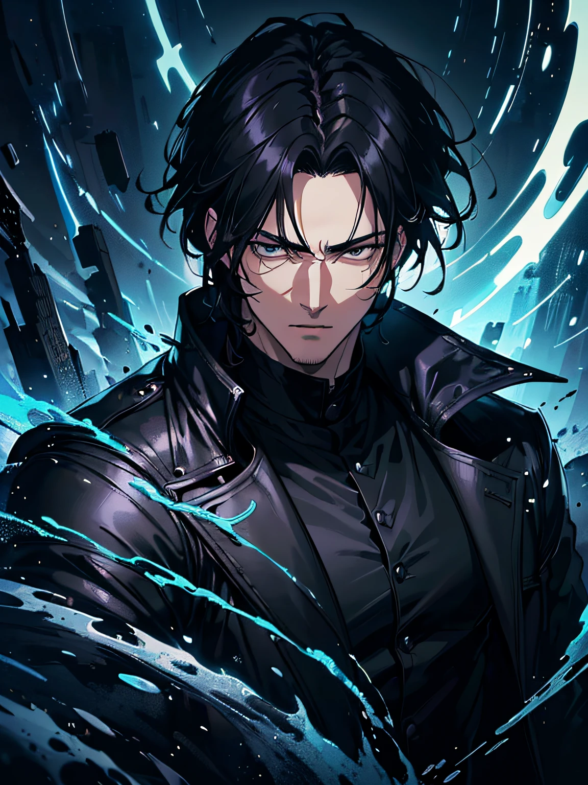 (best quality digital art digital illustration 4k high resolution beautiful image hyper-detailed image perfect lines dark lighting, night environment) (1:1 photorealistic) (heavy colors hdr 1.4) Art Manhwa epic a young 28 year old man very handsome black eyes hair black cold expression black clothes black leather overcoat destroyed scenery