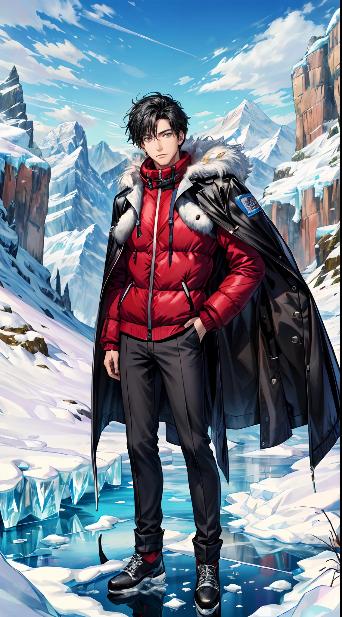 ((Masterpiece, hiquality, absurdress), 1male, black hair, Short hair, straight, gray eyes, a perfect face, the perfect body, sports body, male focus , Male body, 独奏, Detailed eyes and face,  Something Simple, But stylish, Warm Winter Clothes, Warm shoes, winter, ice, Icy mountains around, A lot of snow,Ice Cave, Reflection in Ice Blocks