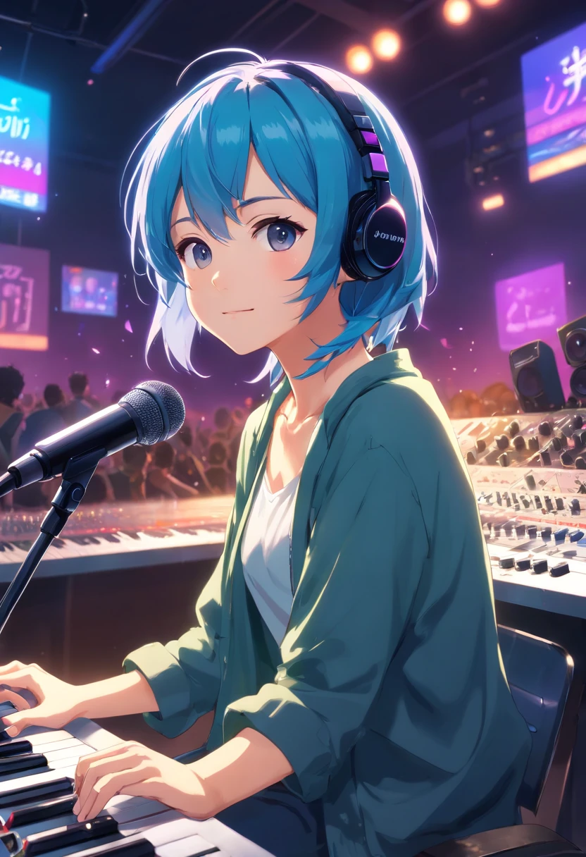(masterpiece、top-quality、8K )、Bird View、Overhead view camera work、Anime slender sitting at inorganic table on laptop with colorful hair and headphones, creature, Beauty, Retro Modern, lock, urgent, Perfect, epicd,Music Studio, Best Shadows, Shallow depth of field, (of the highest quality, Amazing details: 1,4), Fancy, Glare, Neon Garland,intricate detailes,ultra-detailliert、one girls、Grinning 、(Live Stage:1.3),(Recording microphone、Condenser microphone、Mixing Machine、Sampling Machine、Rhythm Box、mixer,synthesizer、Monitors:1.2),recording studio、Spotlight from behind、Hyper realistic,Perfect Anatomy、lightblue hair