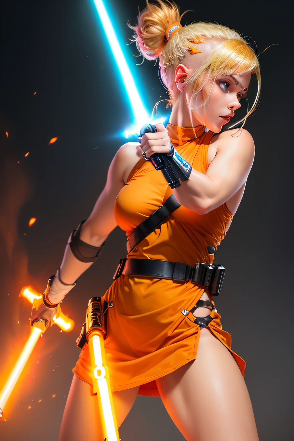 (((Masterpiece))), best quality, high resolution, dynamic angle, dynamic pose, (1girl), blue eyes, white lightsaber, orange-skinned alien, orange costume, jedi robes, powerful force abilities, intense battle scene, epic lightsaber duel, Star Wars universe, sci-fi fantasy setting.