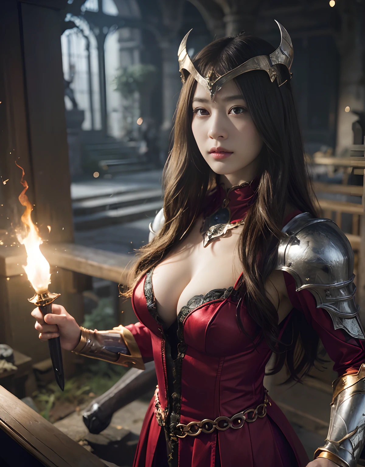 (One Knight Girl)、top-quality、masterpiece、超A high resolution、(Photorealsitic:1.4)、Raw photo、1人、(Wear the Dark Knight's Armor)、glowy skin、(Random hair),(((Dark Fantasy)))、Fight with beautiful swords and shields、(((Mystical expression))),(((Have a gorgeous and long magic wand))),(Gorgeous gold metal body)、(Fight goblins、ogre、Fiettle with orcs),(Fighting strong enemies)、Fight fiercely、round of decaying dungeon ruins)、(Ultimate Beauty)、(Detailed knight's helmet)、(Fighting Demonic Beasts)、(Wizard Hat)、((super realistic details))、portlate、(Strong giant demon beast background),globalillumination、Shadow、octan render、8K、ultrasharp、Colossal tits、Raw skin iposed in cleavage、metals、Detcomplex ornaments、Japan details、highly intricate detail、Realistic light、(Mystical expression),CGSoation Trends、Red Eyes、radiant eyes、Facing the camera)、Gundam、Small LED、Toostock、(Background of the mutation)、(Attack of the Monster Beasts)、Ultimate Beauty、beautiful female knight、Wear colorful armor、Detailed sword、(Wearing legendary armor)、