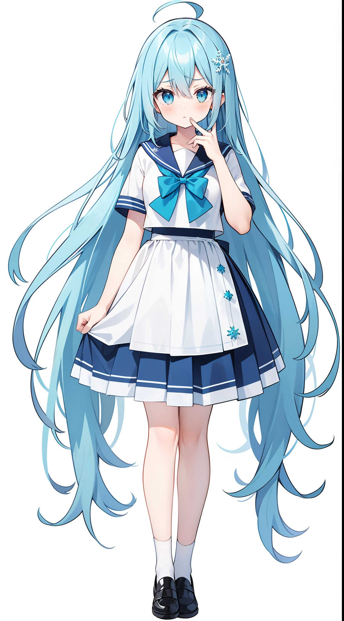 (straight-on),full body,((white background)),standing,a girl,whaite hair,aqua_hair,aqua_eyes,blue_eyes, hair between eyes, hair over shoulder, snowflake hair ornament, best quality, highres,(long_hair),white_skirt,blue_bowtie,white_sailor_dress,white_socks,straight hair,(serious)