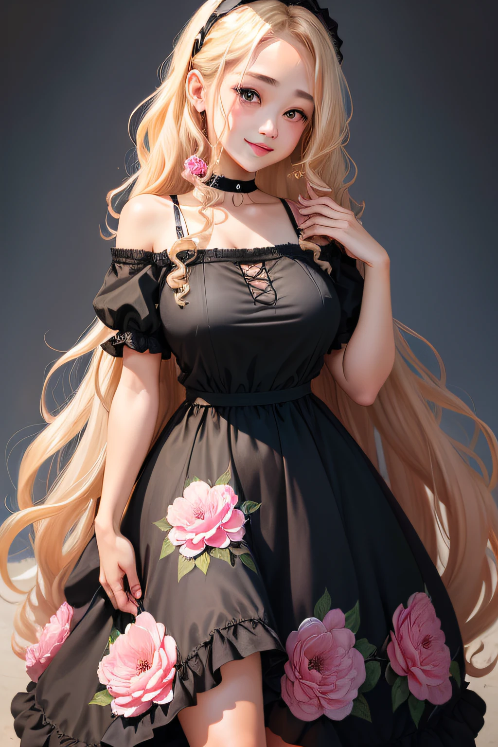 1 girl, blonde woman, light skin, all-black short-sleeved dress, pink flower in hair, Huge curl of hair on the head, Nets on the hands, Choker, hairlong, ssmile,