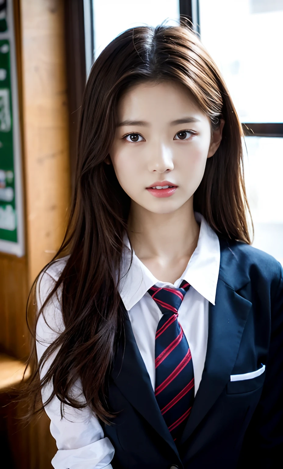 Slender Asian girl, kpop idol, ((school uniform)), ((top quality, 8k, masterpiece: 1.3)), crisp focus: 1.2, beautiful woman with perfect figure: 1.4, ighly detailed face and skin texture, detailed eyes, skinny, beautiful face, symmetrical face, full-length, slightly naked, sexy, boobs are visible