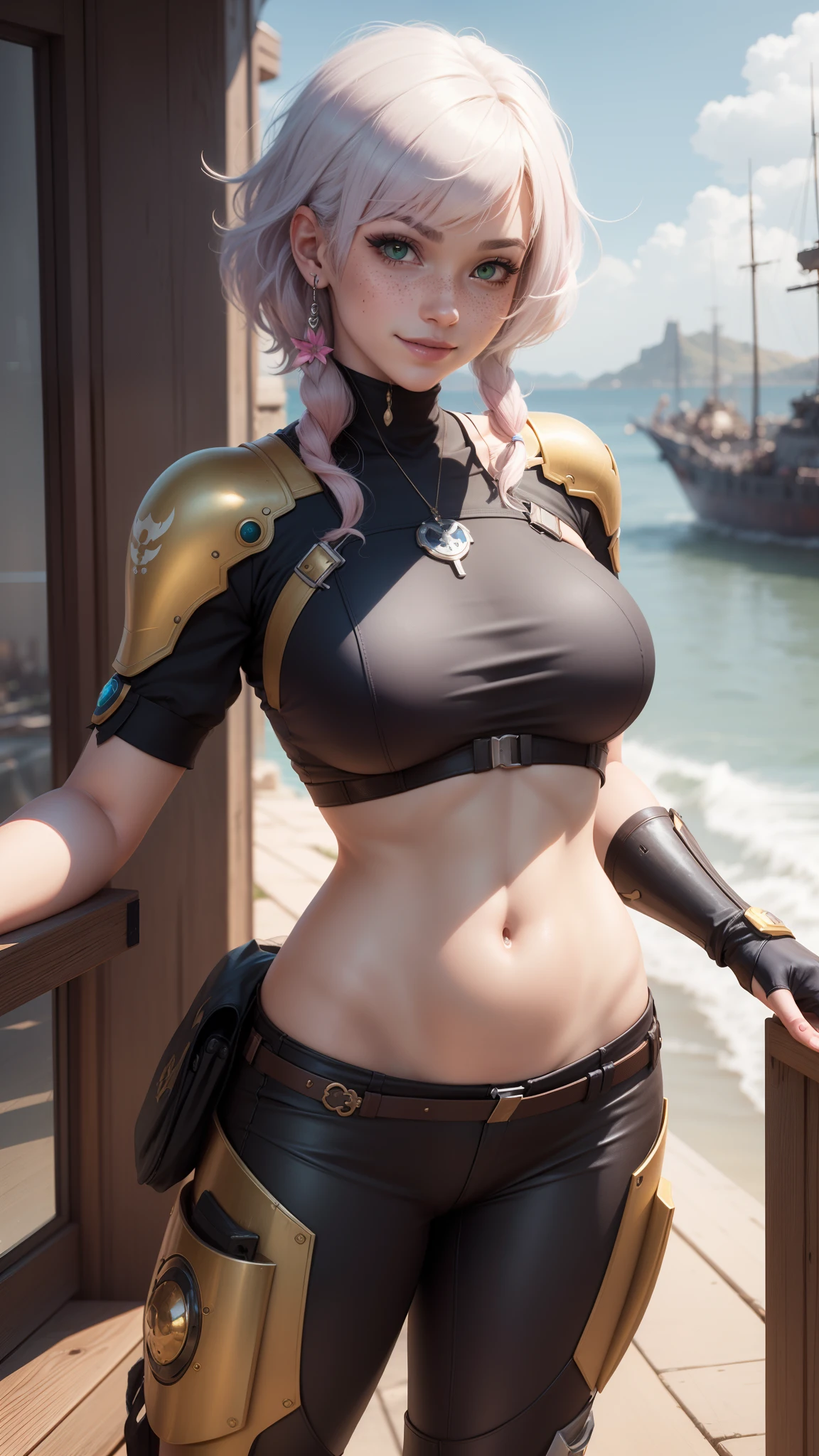 gwen tennyson,y'shtola rhul,tracer,yorha 2b,1girl,atelier ryza,overwatch,close up, mecha pilot,harbor view,tattoos,blue and orange plugsuit,white short sleeve silk top,light gray cargo pants,uncovered belly,saiyan hair,cute makeup,green eyes,dimensional golden hair,shy smile, freckles,beautiful girl,large breasts, ultra detailed,realistic,fantasy art,saiyan armor,cyborg armor,steel armor,harbor shore,military uniform,ear piercings,hair pin,super saiyan girl,saiyan female,