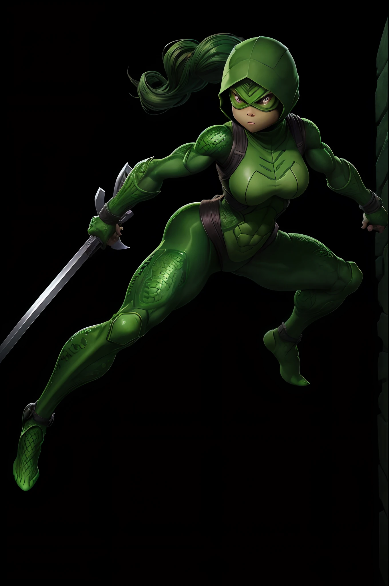 (best quality,ultra-detailed,realistic:1.2), green skin, cute ninja girl, turtle girl, female mutant teenage ninja turtle, sexy posture, full body, detailed shell, weapon, martial arts training, intense expression, dynamic action, dark background, glowing eyes, strong presence