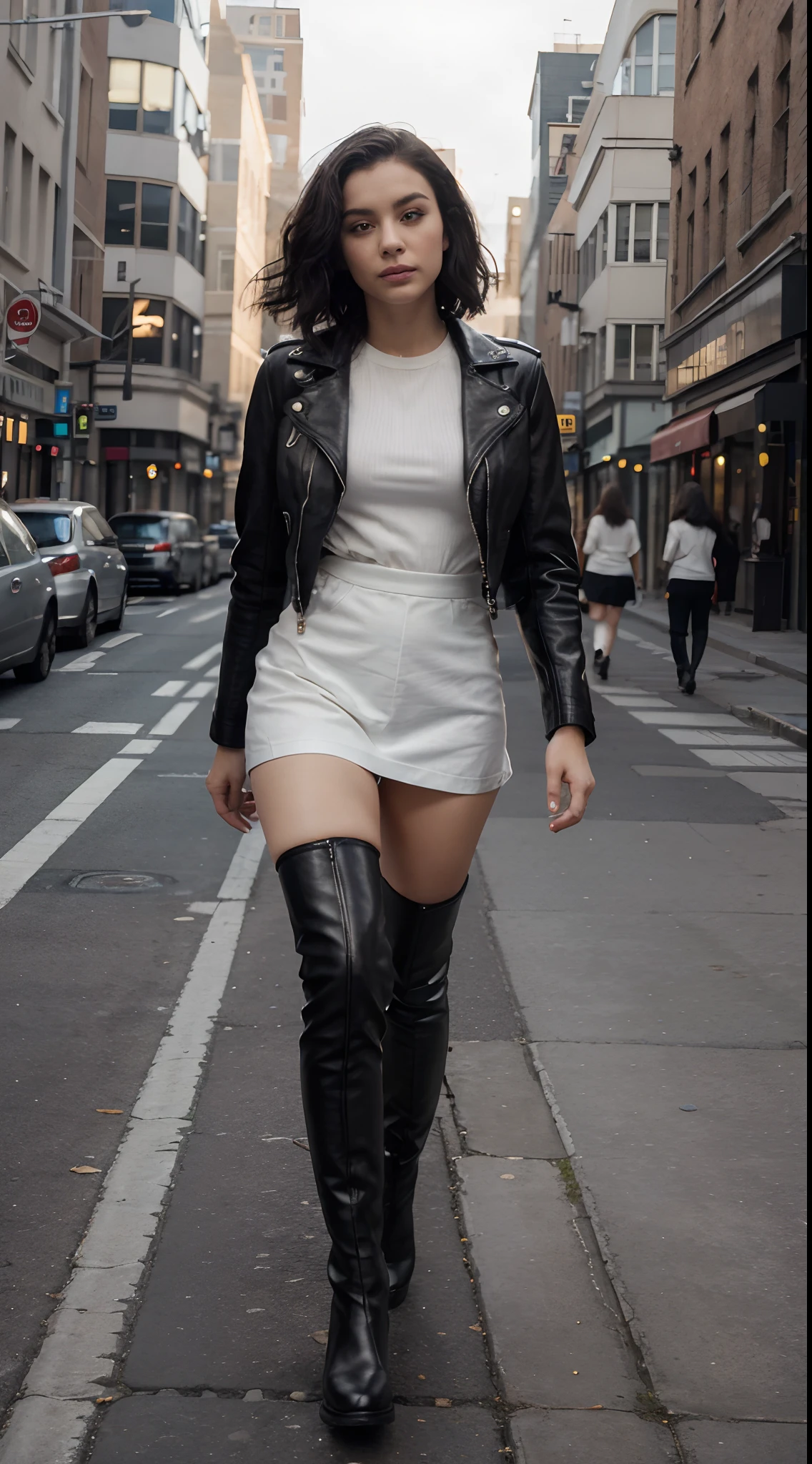 Best Quality, 8K, 32K, masutepiece,bob hair,wave hair,27 years old,black leather knee length boots,black leather jacket,walking in the city,