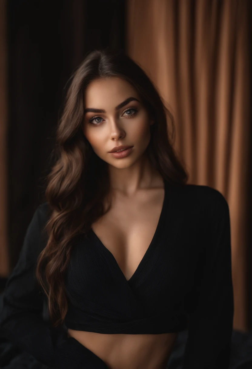 arafed woman with black clothes, sexy girl with brown eyes, portrait sophie mudd, brown hair and large eyes, selfie of a young woman, bedroom eyes, violet myers, without makeup, natural makeup, looking directly at the camera, face with artgram, subtle makeup, stunning full body shot, on a balcony having mountains behind her, cleavage