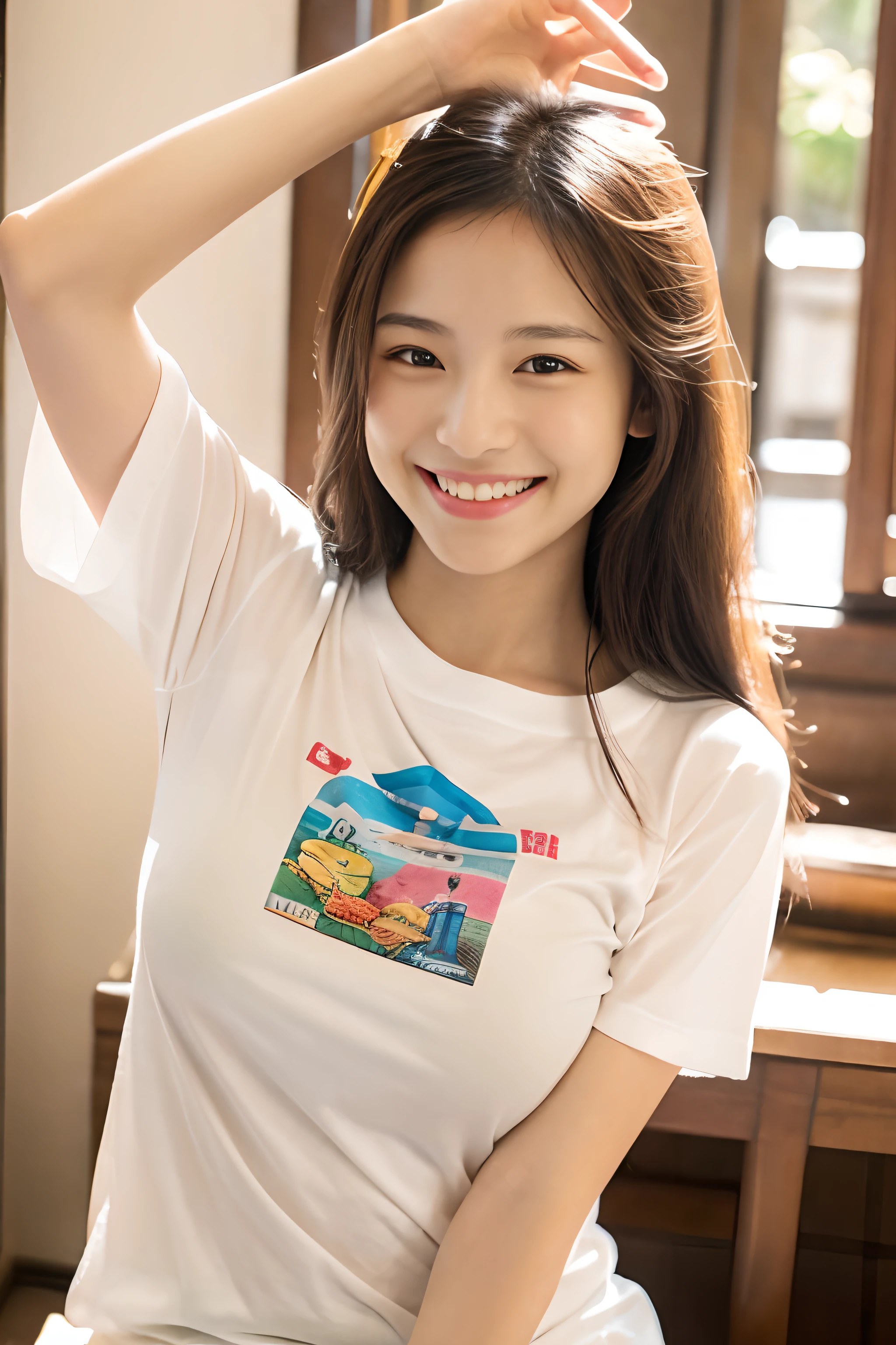 yellow character sleeveless t-shirt, Dolphin Pants, light brown hair, clenched teeth, cinematic lighting, letterboxed, pov, first-person view, cowboy shot, wide shot, UHD, ccurate, anatomically correct, super detail, high details, high quality, best quality, highres, 8k, HD, sagging breasts, small face, very big breasts,