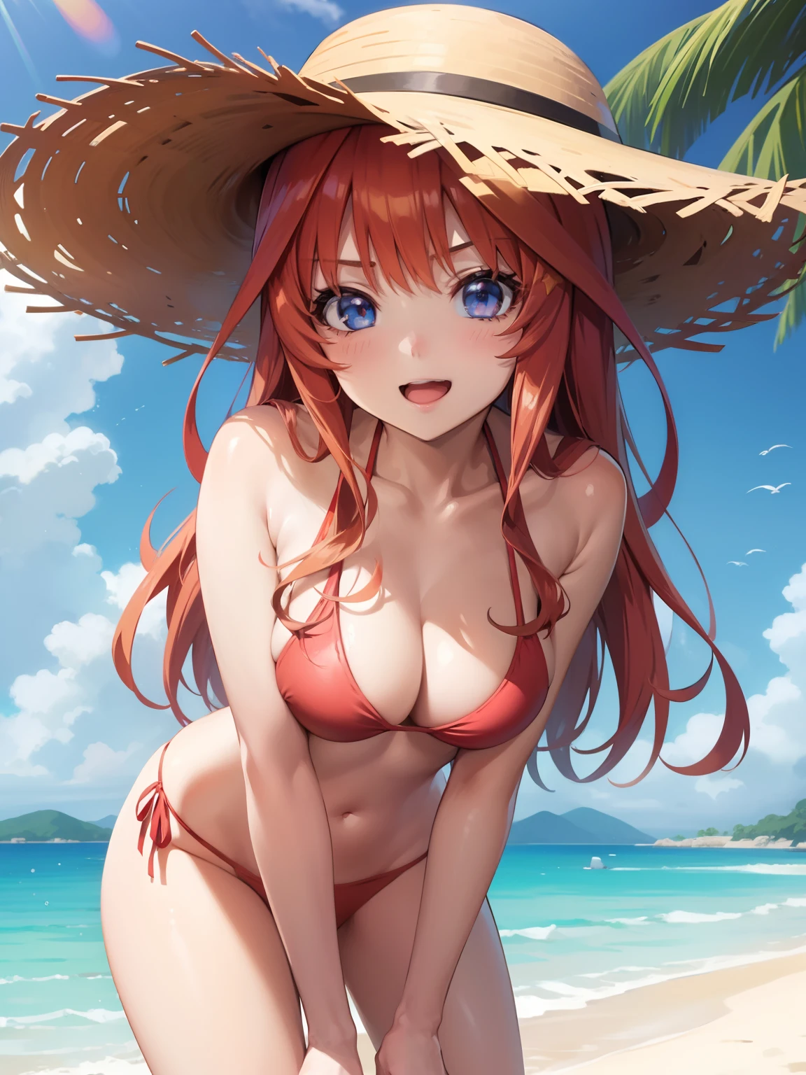 1girl, Anime girl with long hair, anime moe art style, Anime visuals of cute girls, Anime Best Girl, itsuki nakano fanart, pretty anime girl, Smooth Anime CG Art, Seductive Anime Girl, charming anime girls, Cute anime girl, Shining eyes, big boobs, (((((leaning forward))))), ((looking at viewer)), (((((happy))))), close up, red hair, blue eyes, (((red bikini))), beach, ahago, ((straw hat)), ((sitting)), sun, sunlight, white bikini, beach, seaside