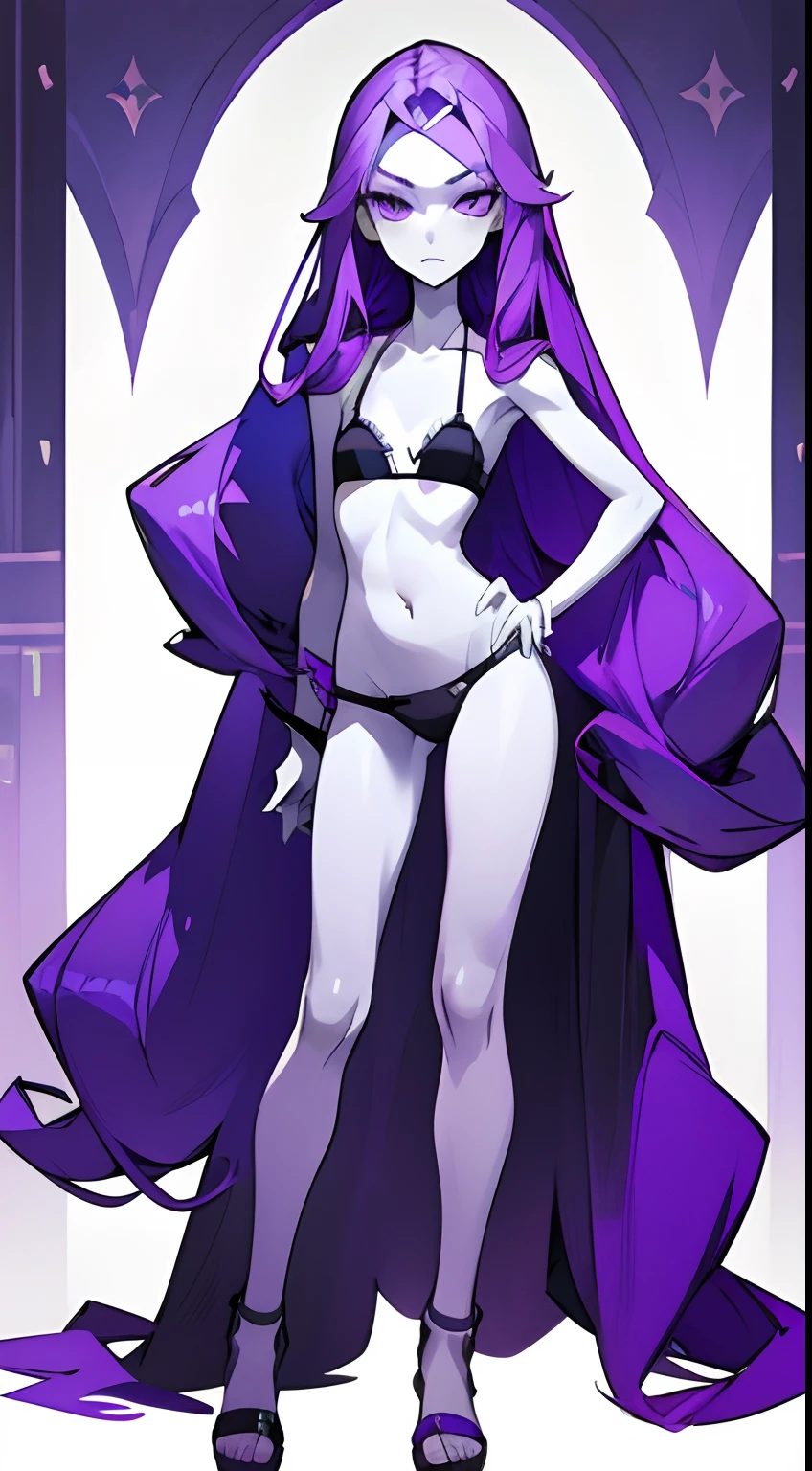 Girl with long thin purple hair, White Skin Skin, Vysokoch, Skinny, beatiful face, sharp facial features, little chest, In black panties and a black bra, in white sandals, stands upright, is looking at the camera, Full-length