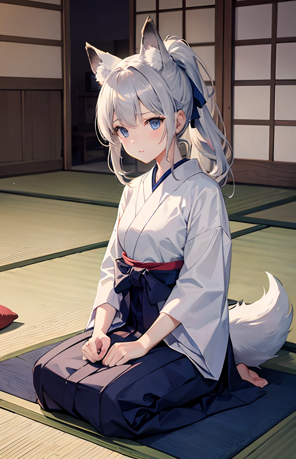 masterpiece,Top image quality,hight resolution,imagem 4k,Raw photo,Photorealsitic,{Solo},s girl,Embarrassment,Silver Ponytail,stare at each other,,Blue eyes,小柄,,Silver fox ears,Fox tail,Hakama,boyish,Tatami mats、traditional Japanese room,Seiza,swordsmen、The sword